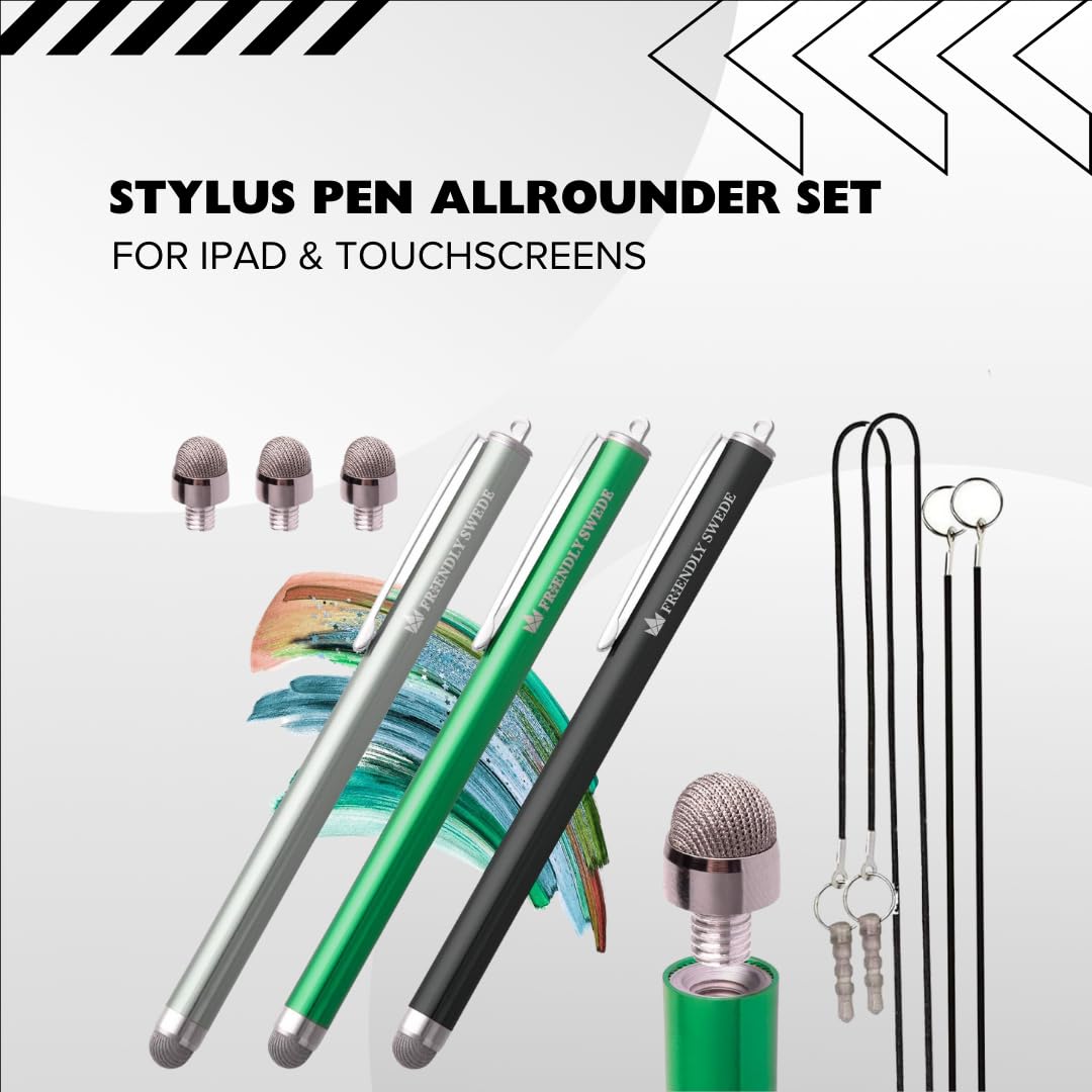 Friendly Swede Stylus Pen 3-Pack for iPad & iPhone - Touchscreen Stylus with Replaceable Tips & Cleaning Cloth for Artists & Students