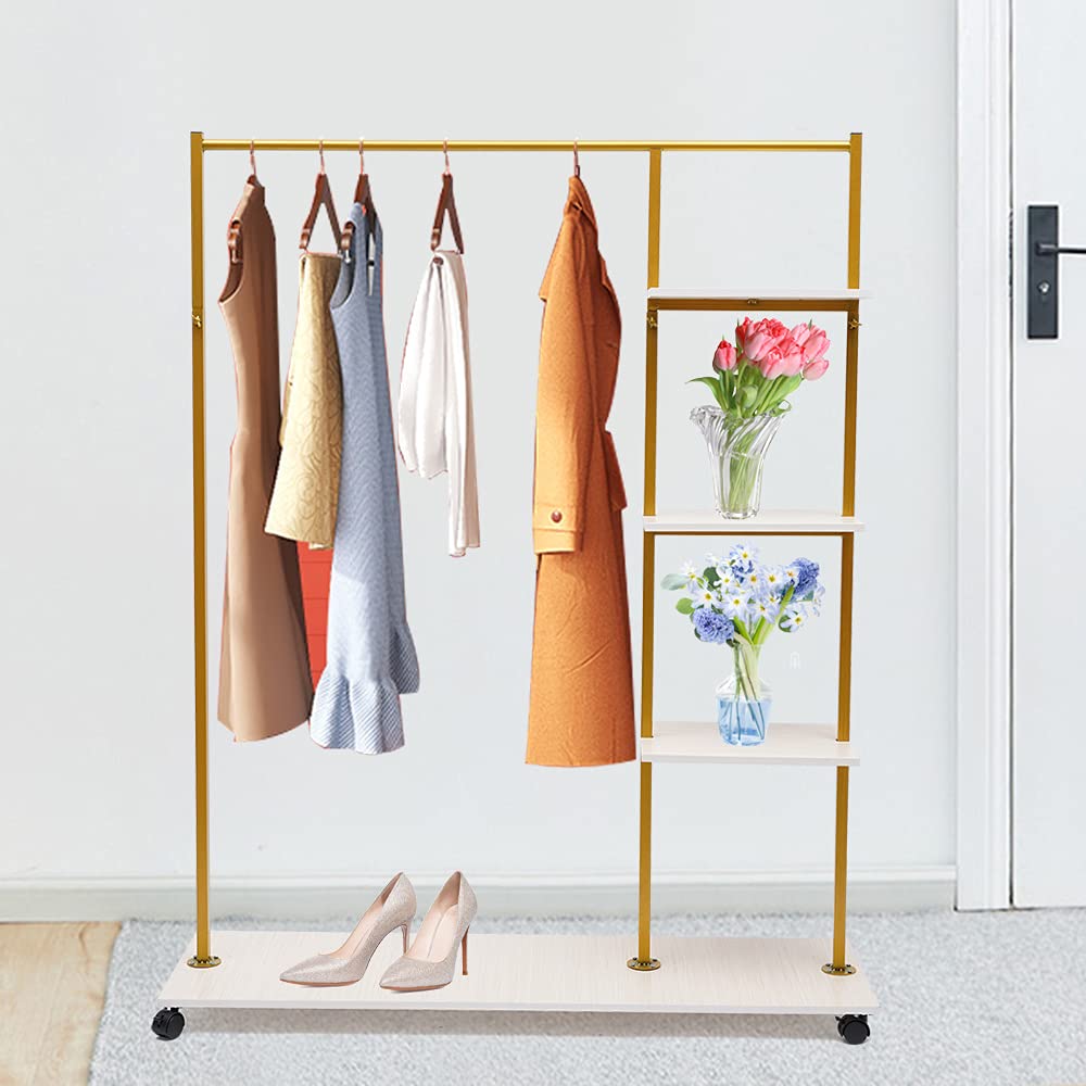 TBVECHI Heavy Duty Gold Garment Rack with Wheels - Industrial Strength Clothes Hanger for Bedroom, Closet & Retail Store | Perfect for Clothing Storage, Display & Organization in Homes, Boutiques & Shopping Malls