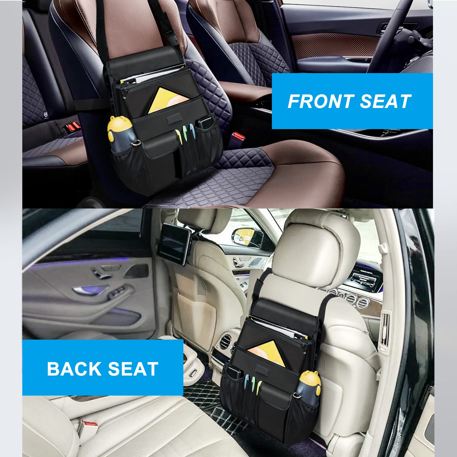 Premium Car Front Seat Organizer - Multi-Pocket Storage with Laptop/Tablet Pockets, Adjustable Straps & Cup Holders - Durable Black Organizer for Road Trips, Commuting & Family Travel
