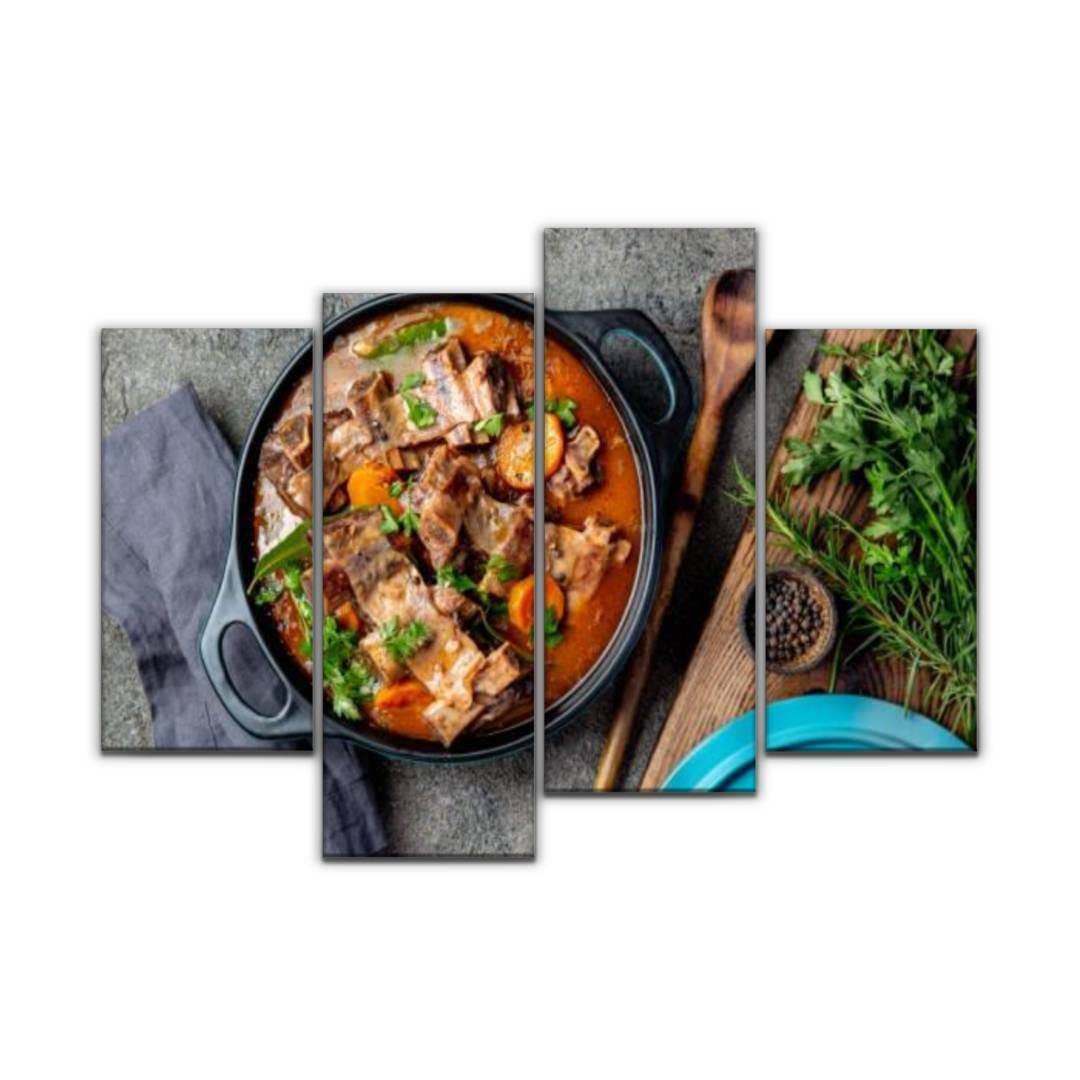 Modern Beef Bourguignon Wall Art Canvas - 4 Panel Framed Painting of Beef Ribs Stewed with Carrot & Onion in Red Wine - Home Office Living Room Decor - Perfect Gift for Food Lovers & Kitchen Wall Decoration