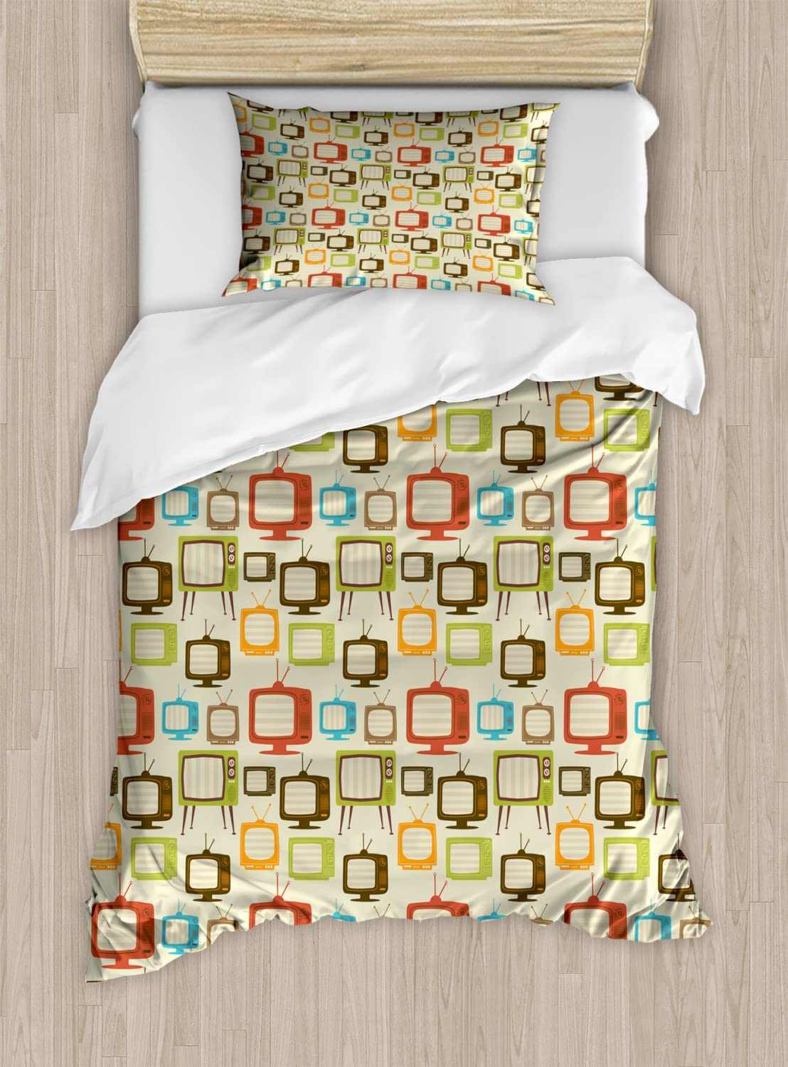 Ambesonne Vintage Duvet Cover Set - Retro TV Pattern in Multicolor, 2-Piece Twin Size Bedding with 2 Duvet Covers & 2 Pillowcases | Nostalgic Electronics Design for Cozy Bedroom Decor | Perfect for Retro Themed Rooms, Guest Bedrooms & Collectors