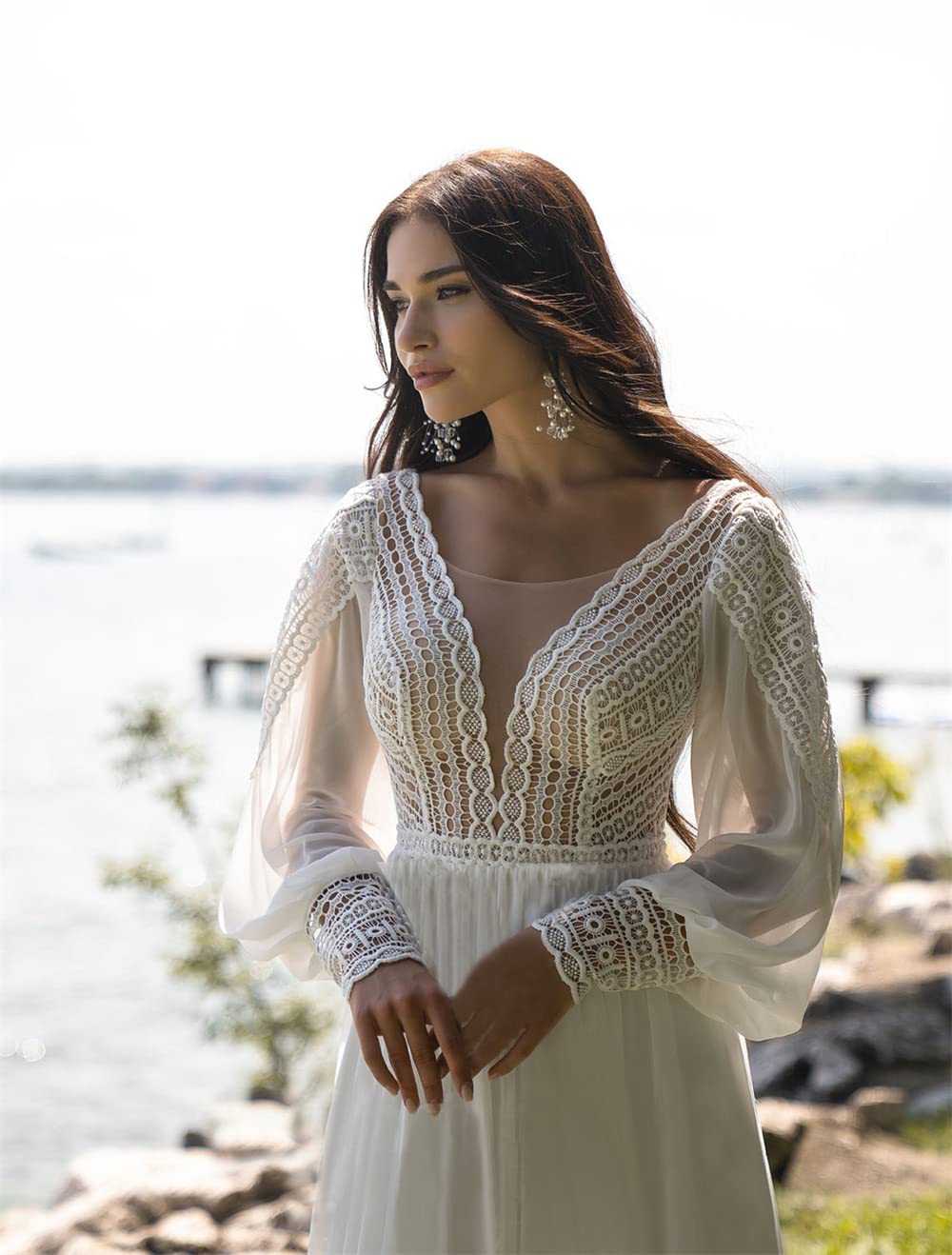 Boho Wedding Dress V-Neck Long Sleeve Macrame Lace Bridal Gown for Beach, Garden & Outdoor Ceremonies - Elegant Bohemian Style Wedding Dress