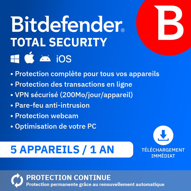 Bitdefender Total Security 2025 | 5 Devices | 1 Year Subscription | Antivirus for PC, Mac, iOS & Android | Email Activation Code | Auto-Renewal | Protect Your Family's Digital Life