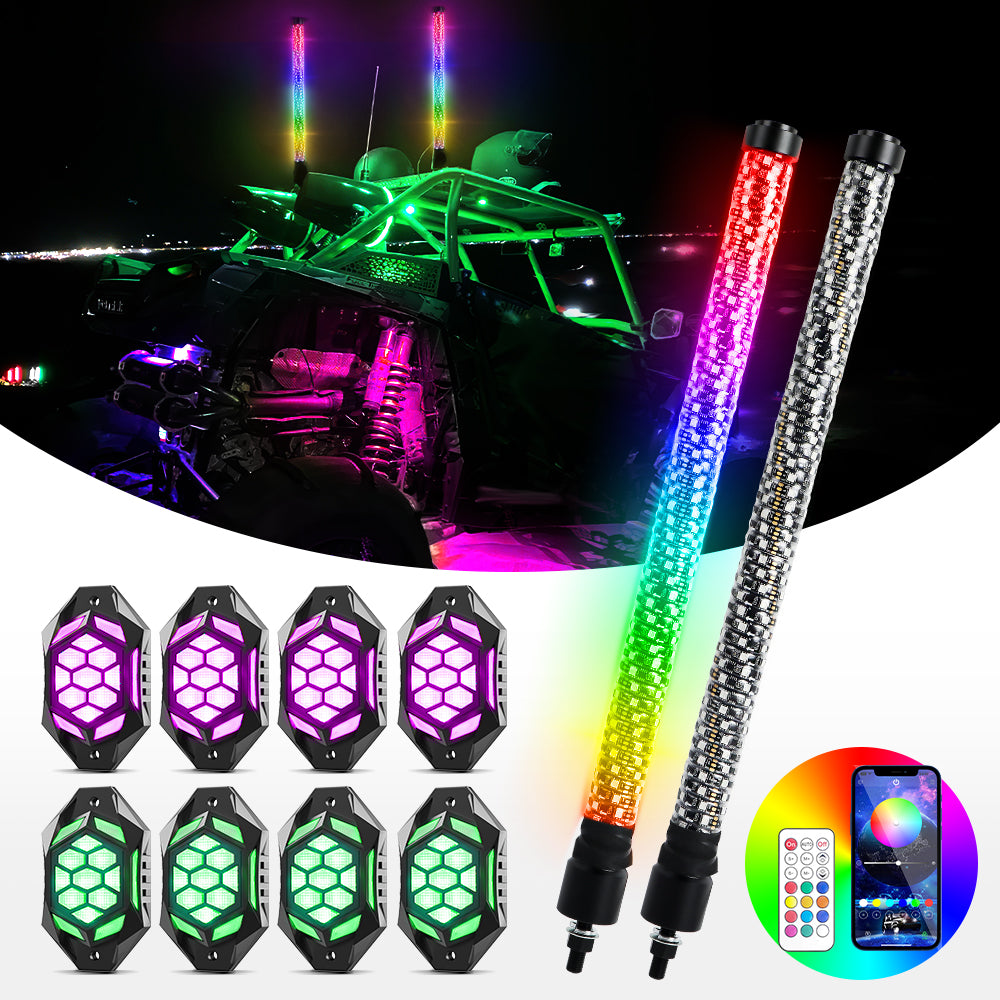 LOYO 2Pcs 2FT LED Fat Whip Lights & 8 Pods Rock Lights Kit with Bluetooth & Remote Control - Off-Road Vehicle Lighting for Trucks, Jeeps, ATVs & UTVs