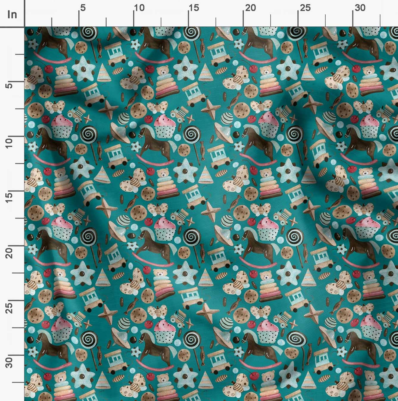Soimoi Green Silk Fabric by The Yard - 42 Inch Wide - Cartoon Kids Textile with Cookies, Bear & Rocking Horse Print - Sweet Playful Patterns for Children's Room Decor, DIY Projects & Crafting