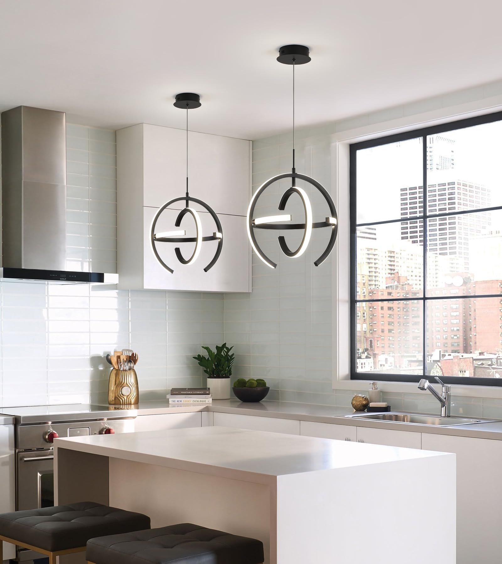 Q&S Modern LED Chandelier - Black Round Globe Hanging Pendant Light Fixture for Entryway, Kitchen Island, Dining Room, Living Room & Stairway - Perfect for Home Decor, Restaurant Lighting & Commercial Spaces