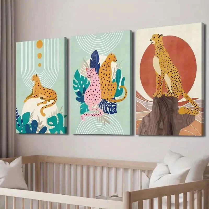 3Pcs Abstract Cartoon Leopard & Tropical Leaves Wall Art Set - Framed Canvas 40x60cm - High Quality Print - 100% Australian Made - Ready to Hang - Perfect for Living Room, Bedroom & Office Decor