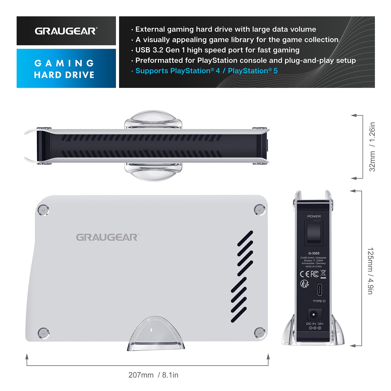 GRAUGEAR 4TB External Hard Drive for PS5/PS4 - High-Speed USB 3.2 Portable HDD with Aluminum Case, Includes USB-C & USB-A Cables - Perfect for Gaming, Backup & Storage Expansion