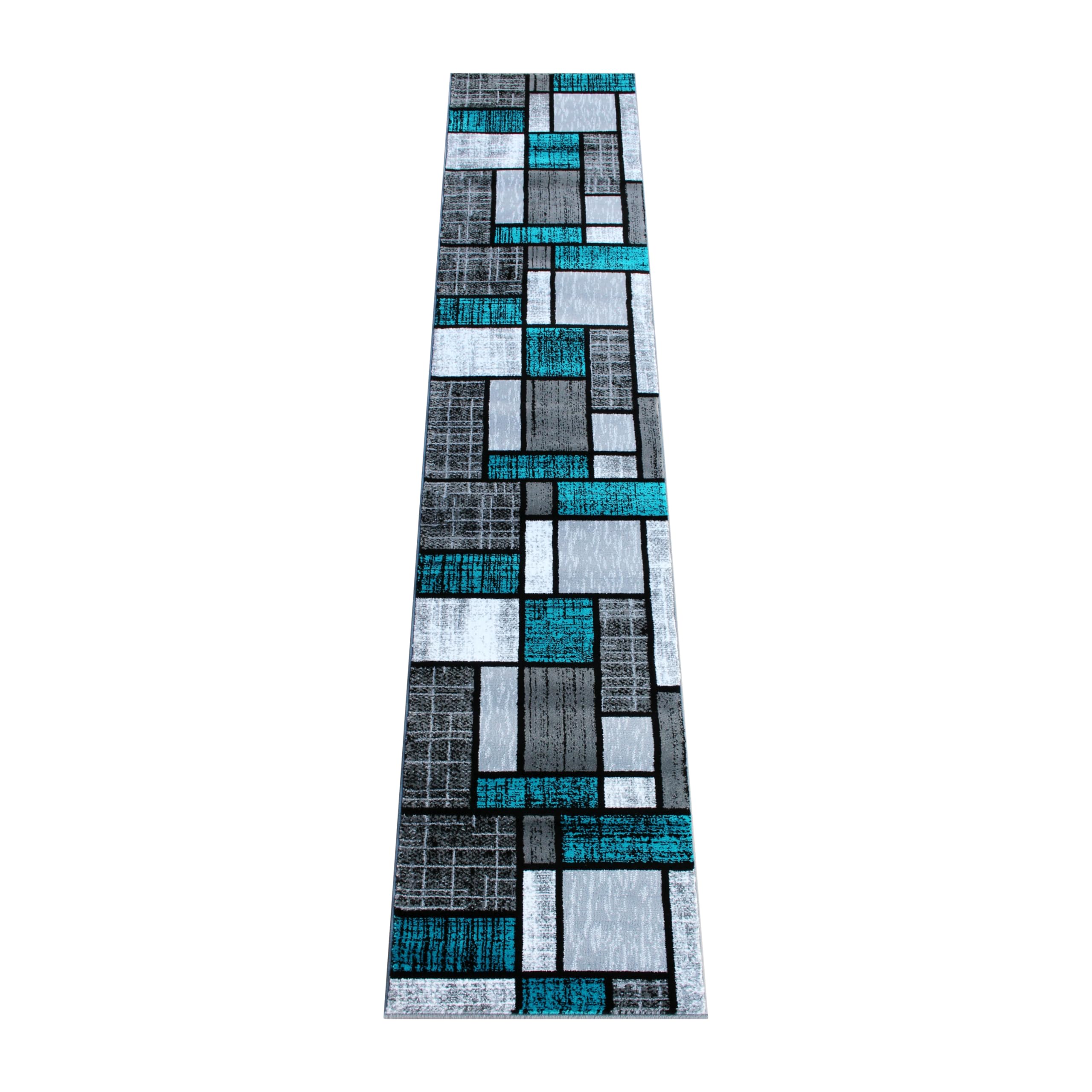 2' x 11' Turquoise Blue Brick Pattern Olefin Area Rug with Natural Jute Backing - Non-Slip Entryway, Living Room, Bedroom Rug for Home Decor & High Traffic Areas