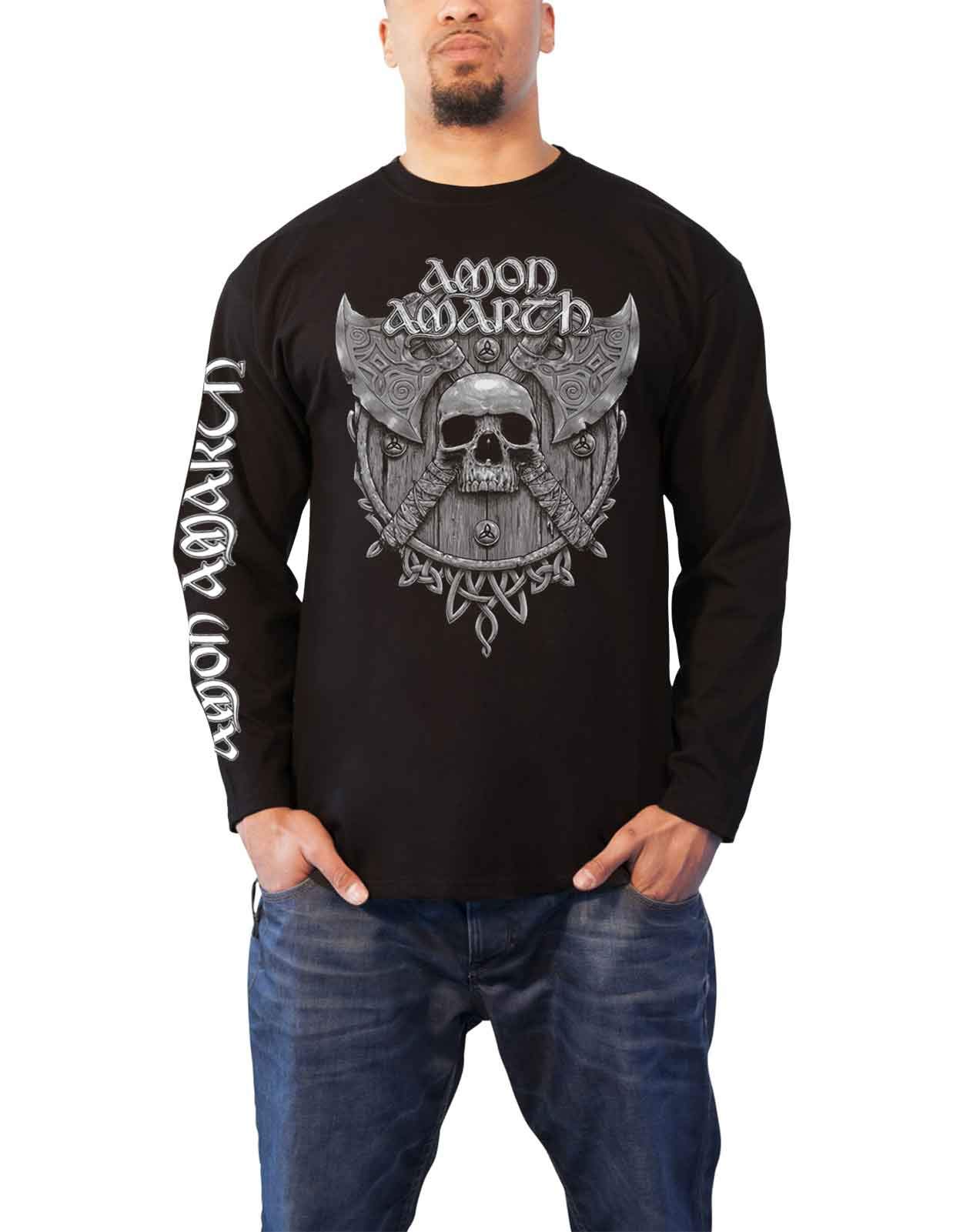 Amon Amarth Official Men's Black Long Sleeve T-Shirt with Grey Skull Design - Size L - Viking Metal Band Merch for Concerts & Casual Wear