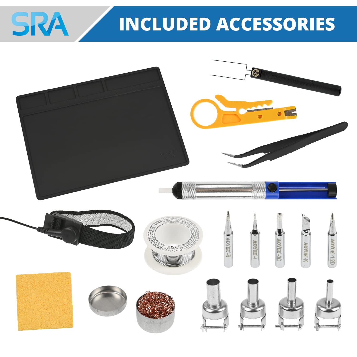 Aoyue 888+ 2-in-1 Hot Air Rework Station & Soldering Iron Kit for PCB Repair - Includes Soldering Mat, Helping Hands, Solder Wire, Brass Coil, Desoldering Pump, Nozzles & ESD Wrist Strap - Perfect for Electronics Repair, DIY Projects & Circuit Board Maintenance
