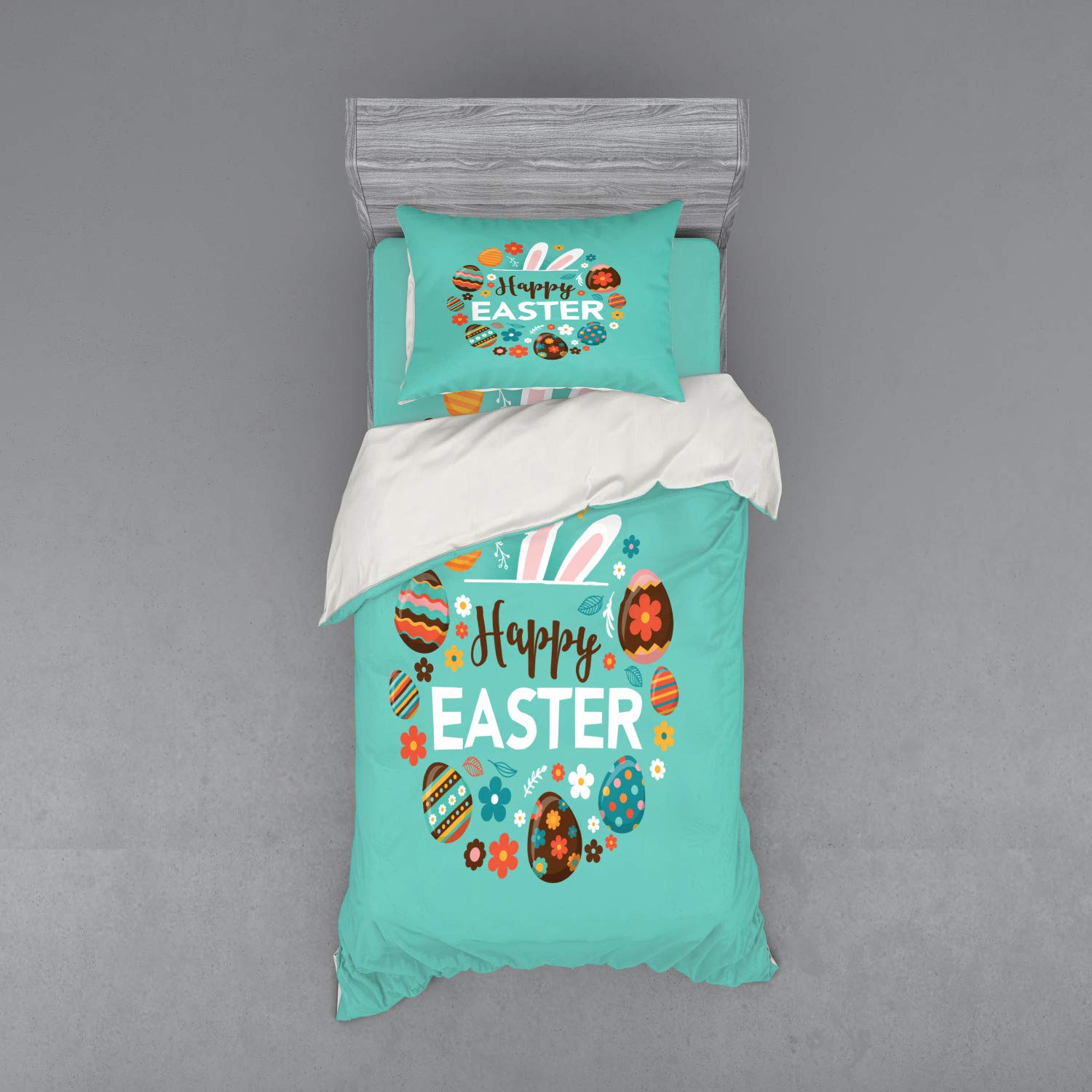 Ambesonne 3-Piece Easter Bedding Set - Twin Size Duvet Cover with Sham & Fitted Sheet, Spring Holiday Pattern with Floral Eggs, Bunny Ears & Hand Lettering, Multicolor - Perfect for Easter Decor, Spring Bedroom Refresh & Holiday Gift Giving