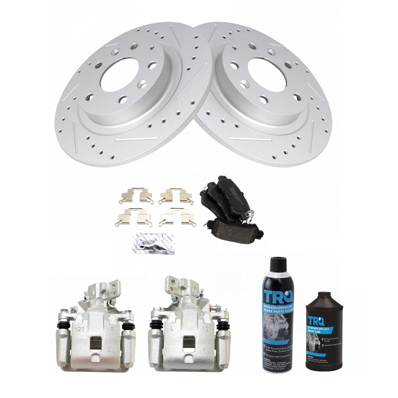 Premium TRQ Rear Performance Brake Pad & Rotor Kit with Caliper & Chemical Kit - Ceramic G-Coated Brake Set for 2016-2018 Mazda CX-3 | Smooth Stopping Power for City Driving & Highway Safety