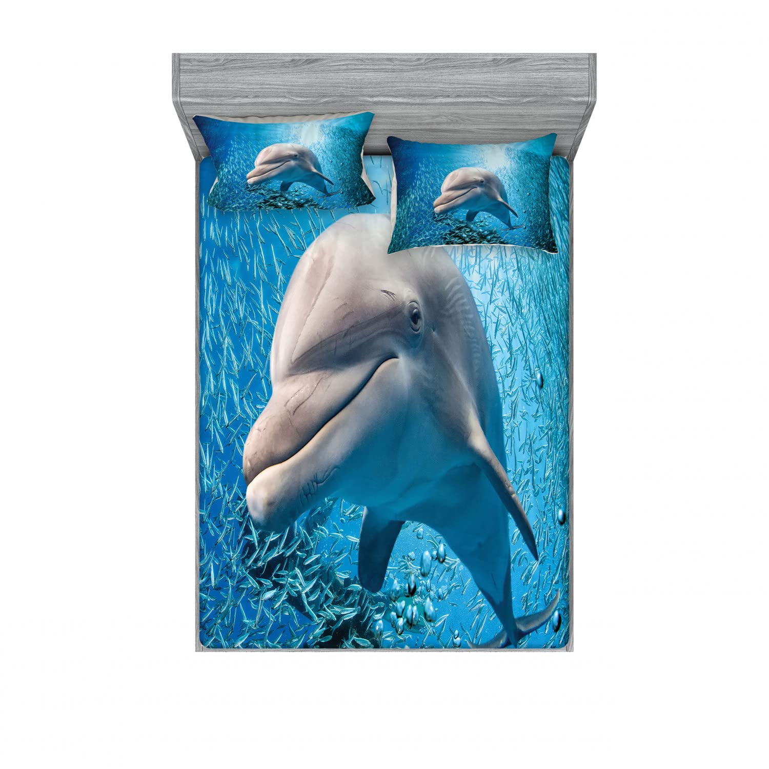Ambesonne 2-Pack Queen Size Fitted Sheet Set with 4 Pillow Shams - Dolphin Ocean Marine Pattern Blue Grey Bedding - Perfect for Beach House Decor, Guest Room or Kids' Bedroom