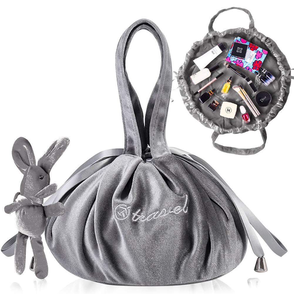 Stylish Gray Women's Drawstring Cosmetic Bag - Large Portable Makeup Organizer for Travel, Gym & Daily Use | Fashionable Makeup Pouch for Toiletries & Beauty Essentials