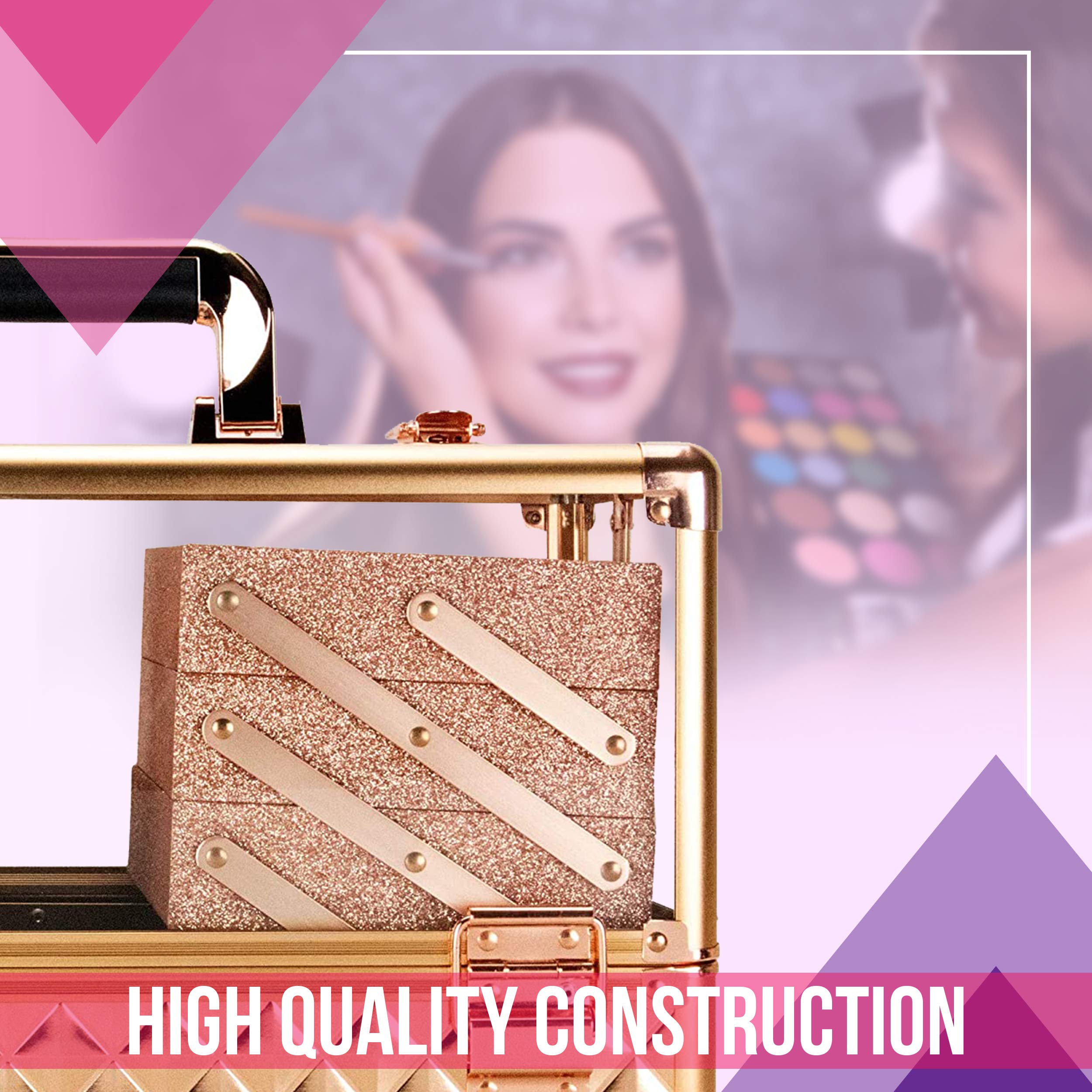 Ver Beauty Professional Jewelry & Makeup Organizer - 3.8mm Heavy Duty Acrylic Travel Case with 6 Extendable Trays & Keylocks (Rose Gold Diamond) - Perfect for Travel, Home Storage & Cosmetic Display