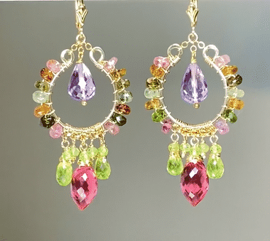 Gold Fill Chandelier Earrings with Tourmaline, Peridot, Amethyst & Rubellite Gemstones | Elegant Dangling Earrings for Women | Perfect for Weddings, Parties & Special Occasions
