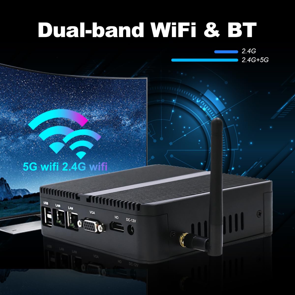 Fanless Mini PC with Intel Celeron J4125, 8GB DDR4 RAM, 512GB SSD, Dual LAN, Bluetooth, HD/VGA Ports, Windows 11 Pro - Compact Industrial Computer for Office, Home Theater, Digital Signage & IoT Applications