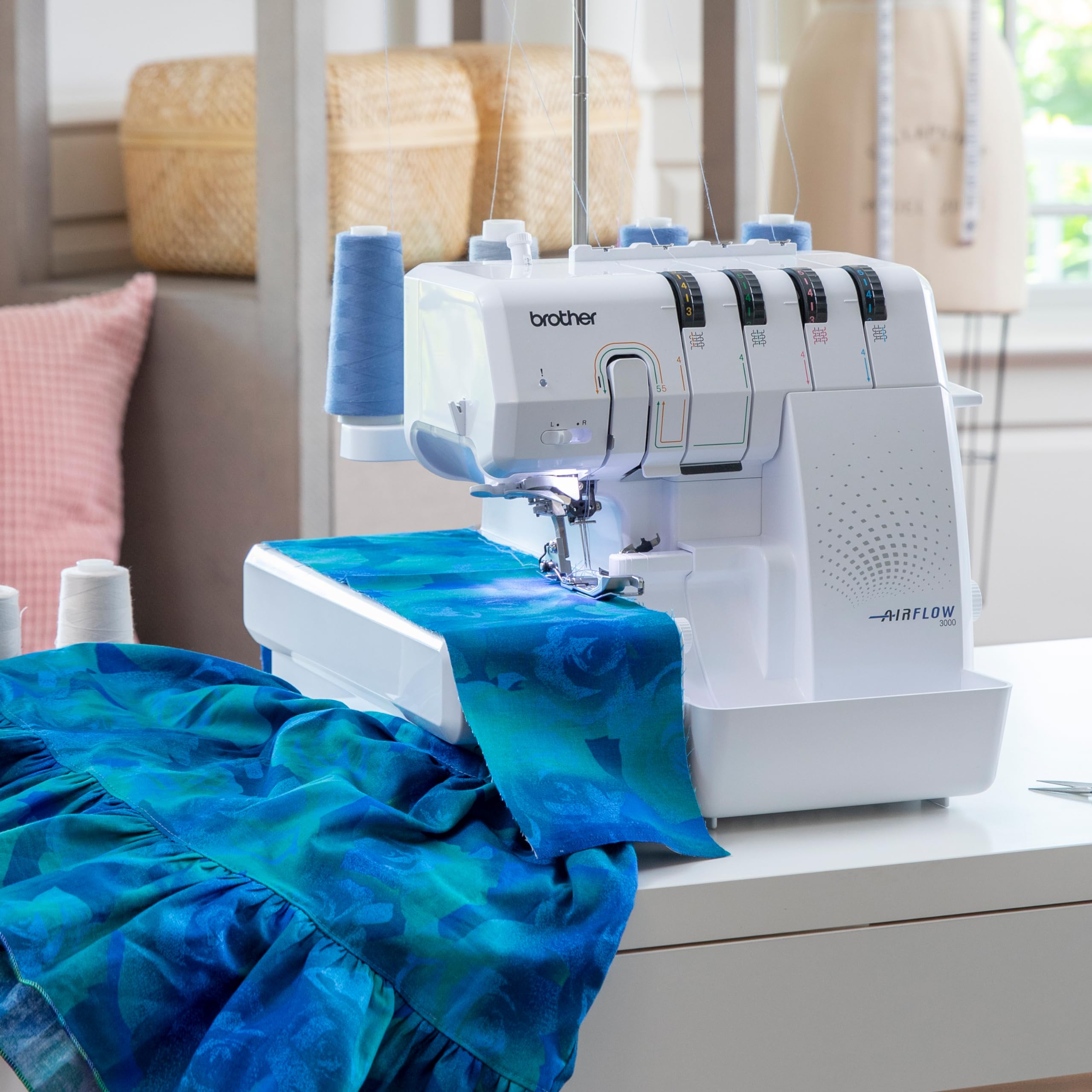 Brother AIR1800 Overlock Sewing Machine with Jet Air Threading - 2/3/4 Thread Capability, LED Lighting, Wide Table Extension & 4-Piece Thread Cones Starter Pack - Perfect for Quilting, Garment Construction and Home Decor Projects