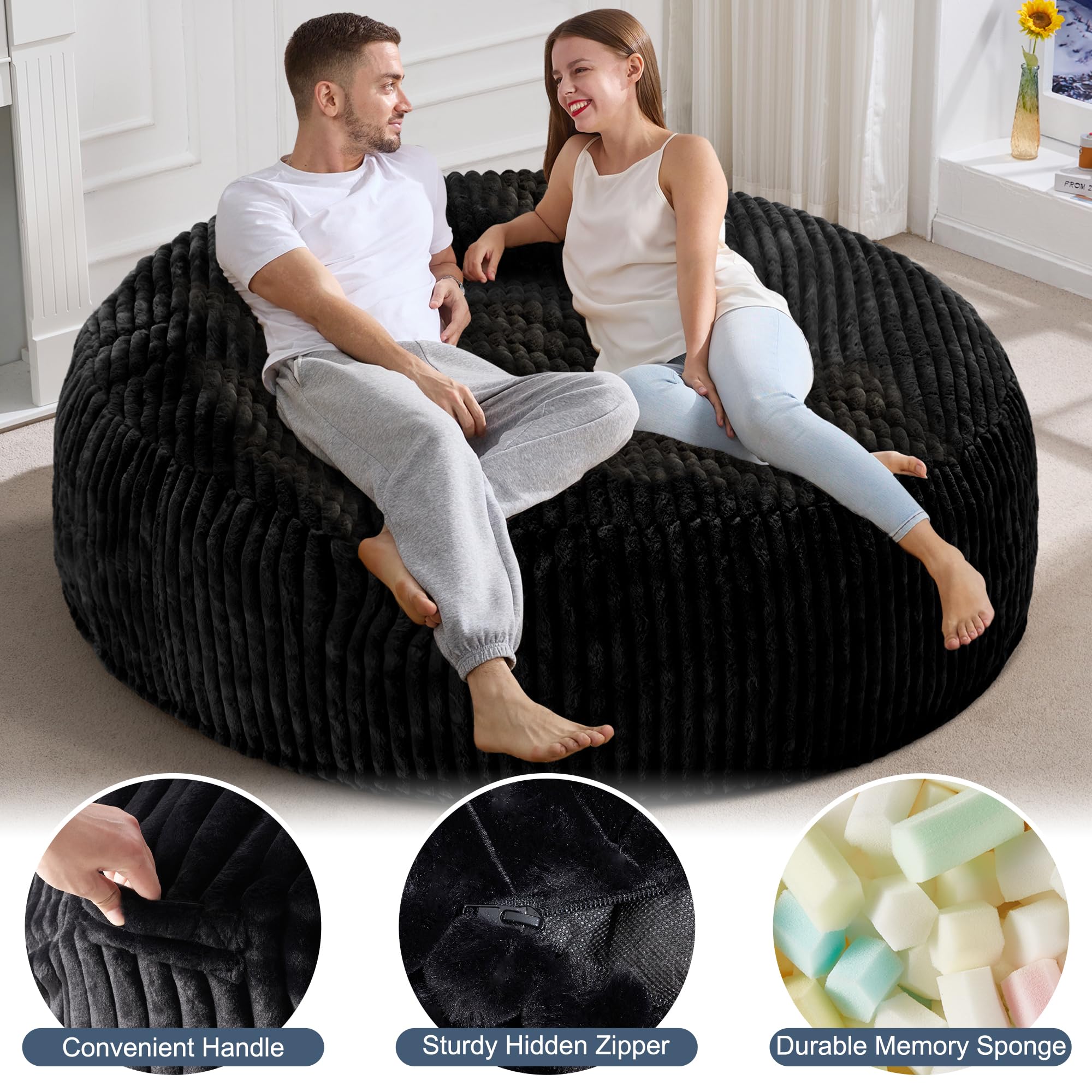 Premium 6ft Large Bean Bag Chair for Adults - Soft Plush Stripe Cover, Oversized 70