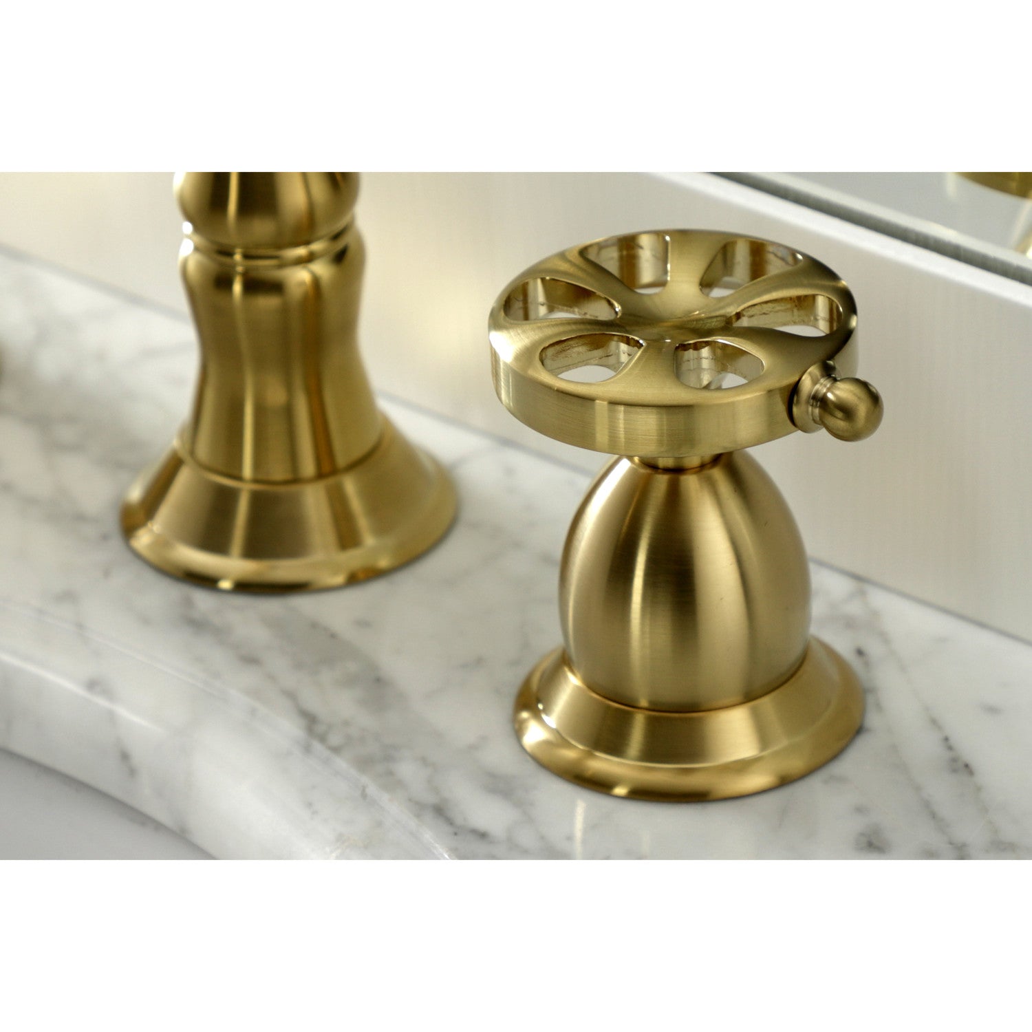 Belknap KS1977RX Brushed Brass Widespread Bathroom Faucet - 3 Hole Deck Mount with Two Handles & Brass Pop Up Drain - Perfect for Modern Bathroom Renovations and Luxury Home Upgrades