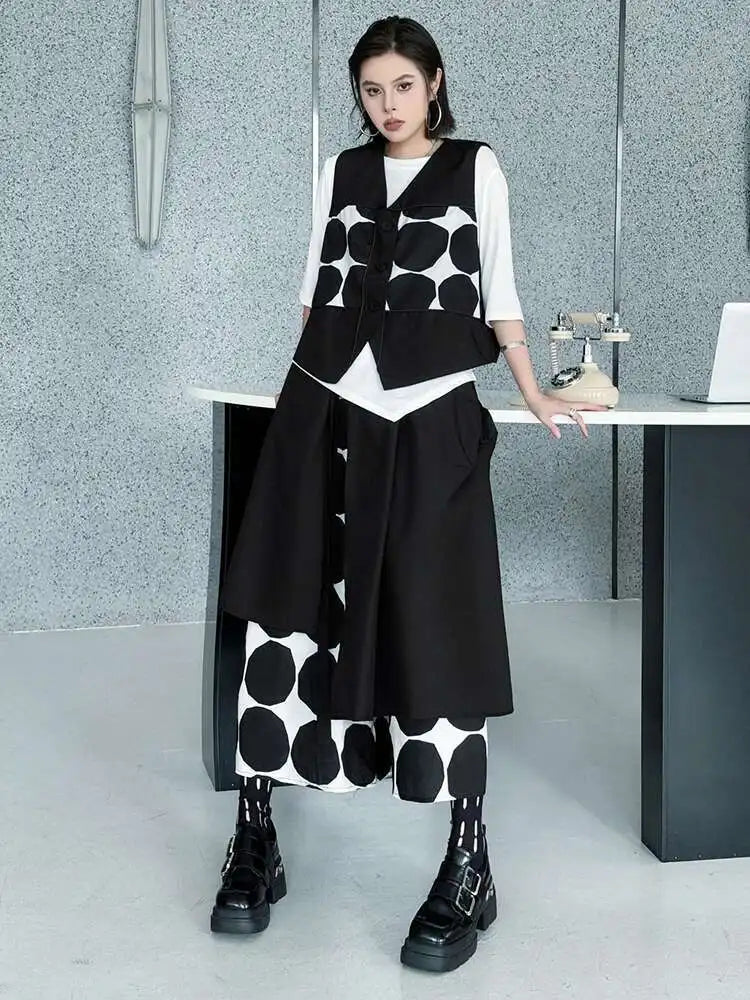 Plus Size Black Polka Dot Vest & Wide Leg Pants 2-Piece Set - Women's Fashion V-Neck Sleeveless Outfit for Spring/Fall 2025 | Office Wear, Casual Chic, Party Outfit