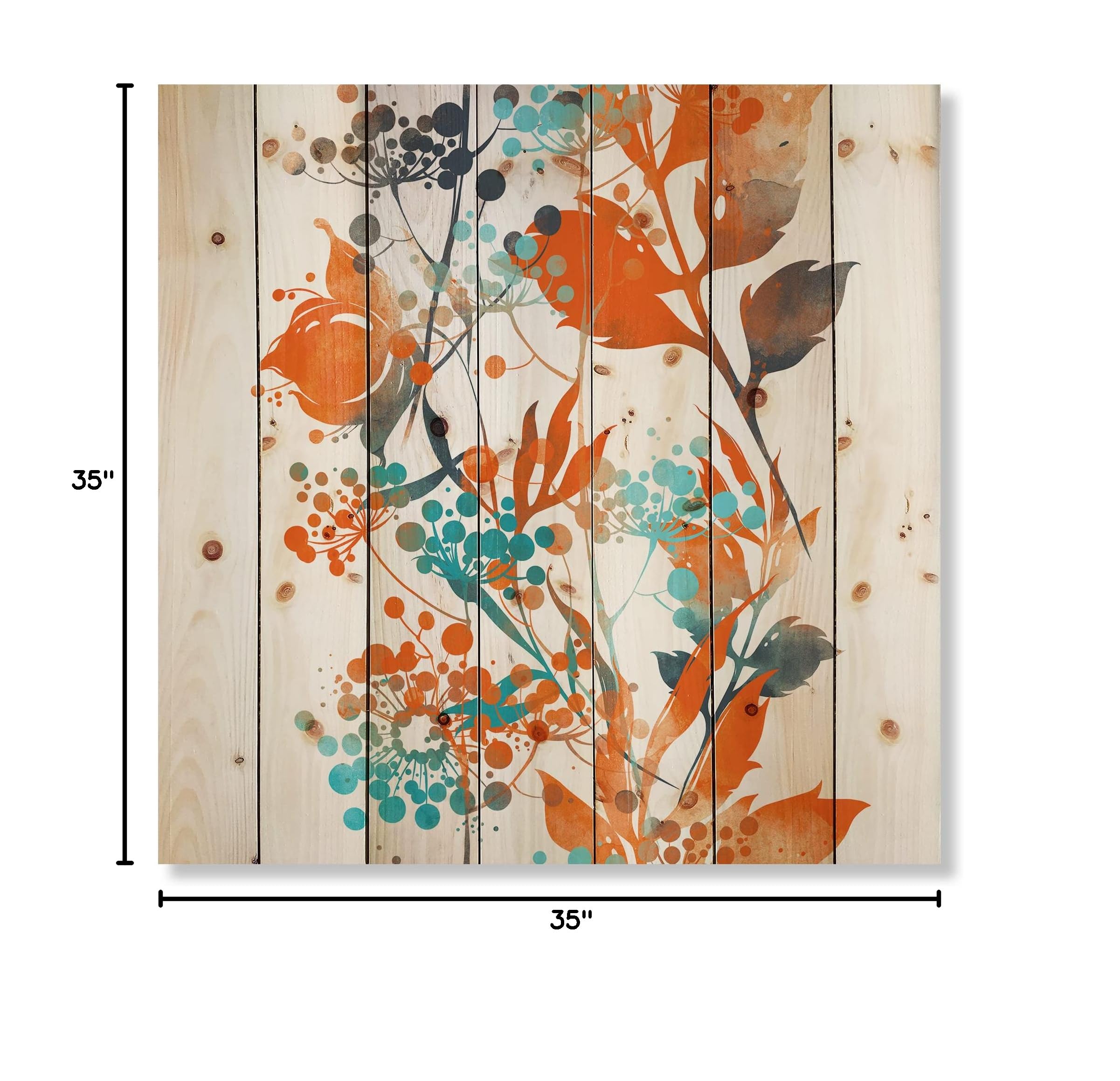 DesignQ Green & Orange Wildflowers III Modern Contemporary Wood Wall Art - Large Floral Pine Wood Panel Decor for Living Room, Bedroom & Office