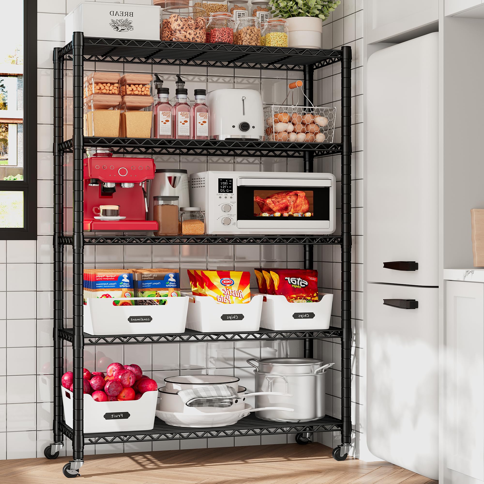 REIBII 5-Tier Heavy Duty Metal Storage Shelves with Wheels - 75.6