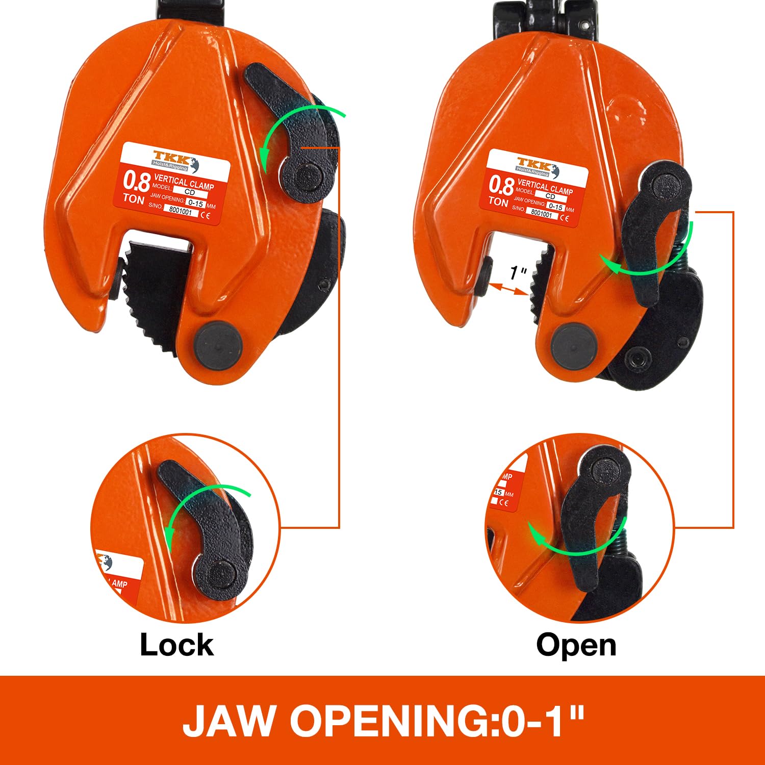 Heavy Duty TKK Vertical Plate Clamp 1760Lb (1Ton) - 0.8 Inch Jaw Opening for Secure Lifting & Transporting - Ideal for Construction, Steel Handling & Industrial Material Movement