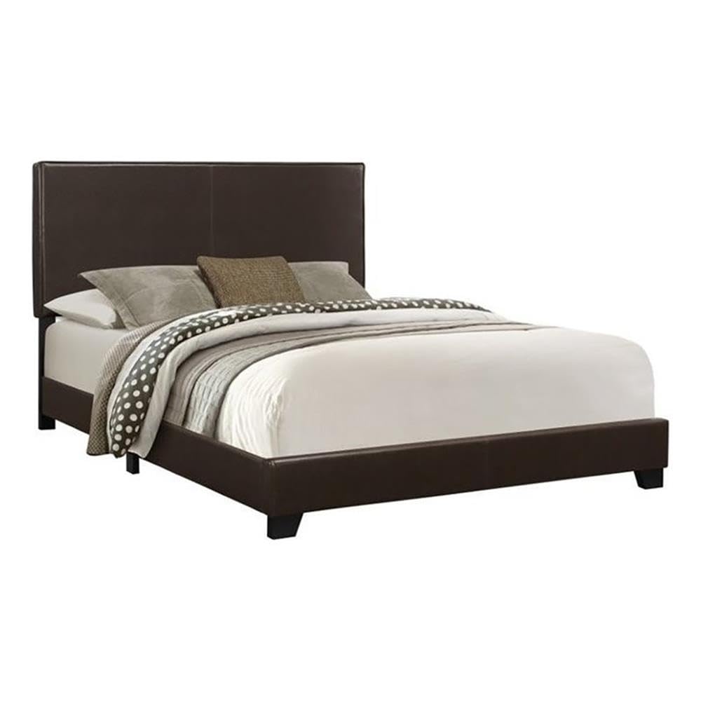 Pemberly Row Modern Faux Leather Upholstered Queen Size Bed Frame - Dark Brown Leather Look Bedroom Furniture for Master Bedroom Decor