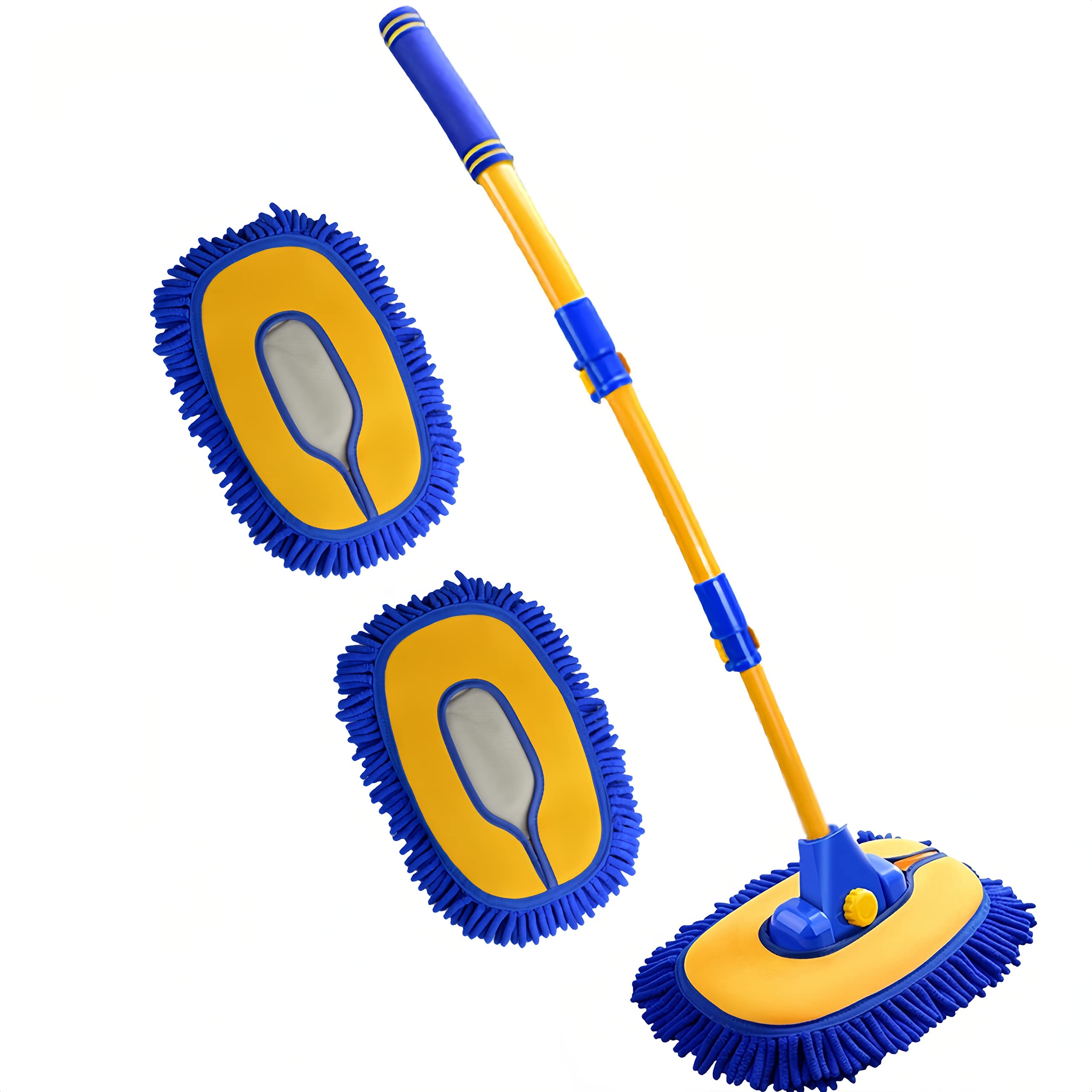 Premium Long Handle Car Wash Brush with Chenille Microfiber - Scratch-Free Cleaning Brush Kit with Replaceable Head (Blue) - Perfect for Car Detailing, RV, Boat & Truck Washing Accessories