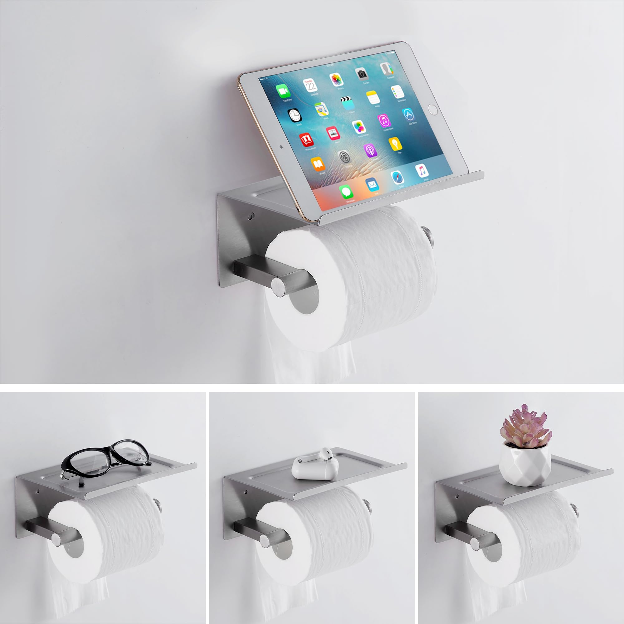 Wall Mounted Toilet Paper Holder with Shelf - Brushed Stainless Steel Bathroom Tissue Roll Holder with Phone Storage | Adhesive & Screw Mounting for Bathroom, Kitchen, RV & Dorm Use