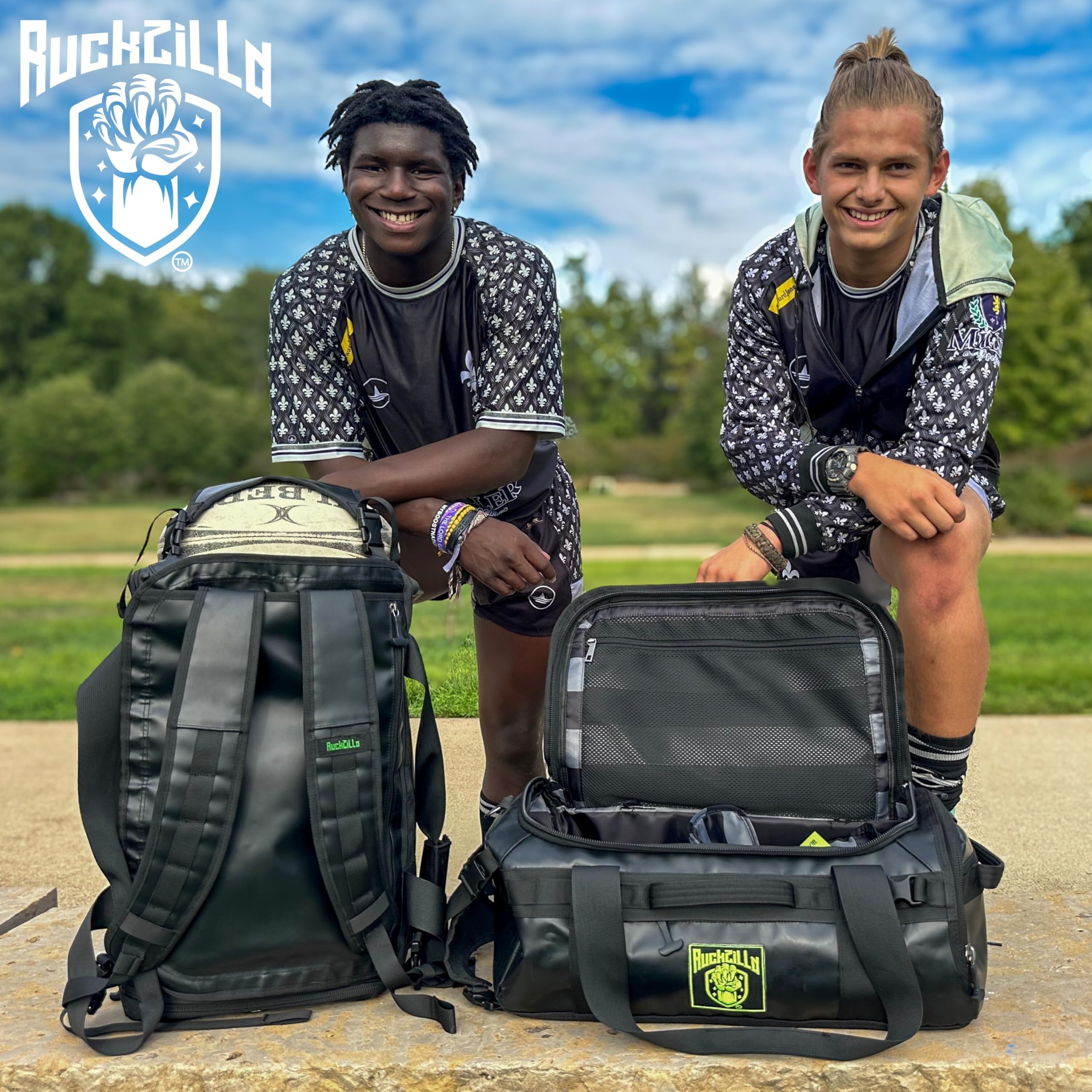 **32L Rugby Duffel Bag - Water-Resistant, 3-Way Carry, Adjustable Ball Carrier & Laptop Compartment - Durable Sports & Travel Backpack for Men (Black) - Perfect for Rugby, Gym, and Weekend Getaways**