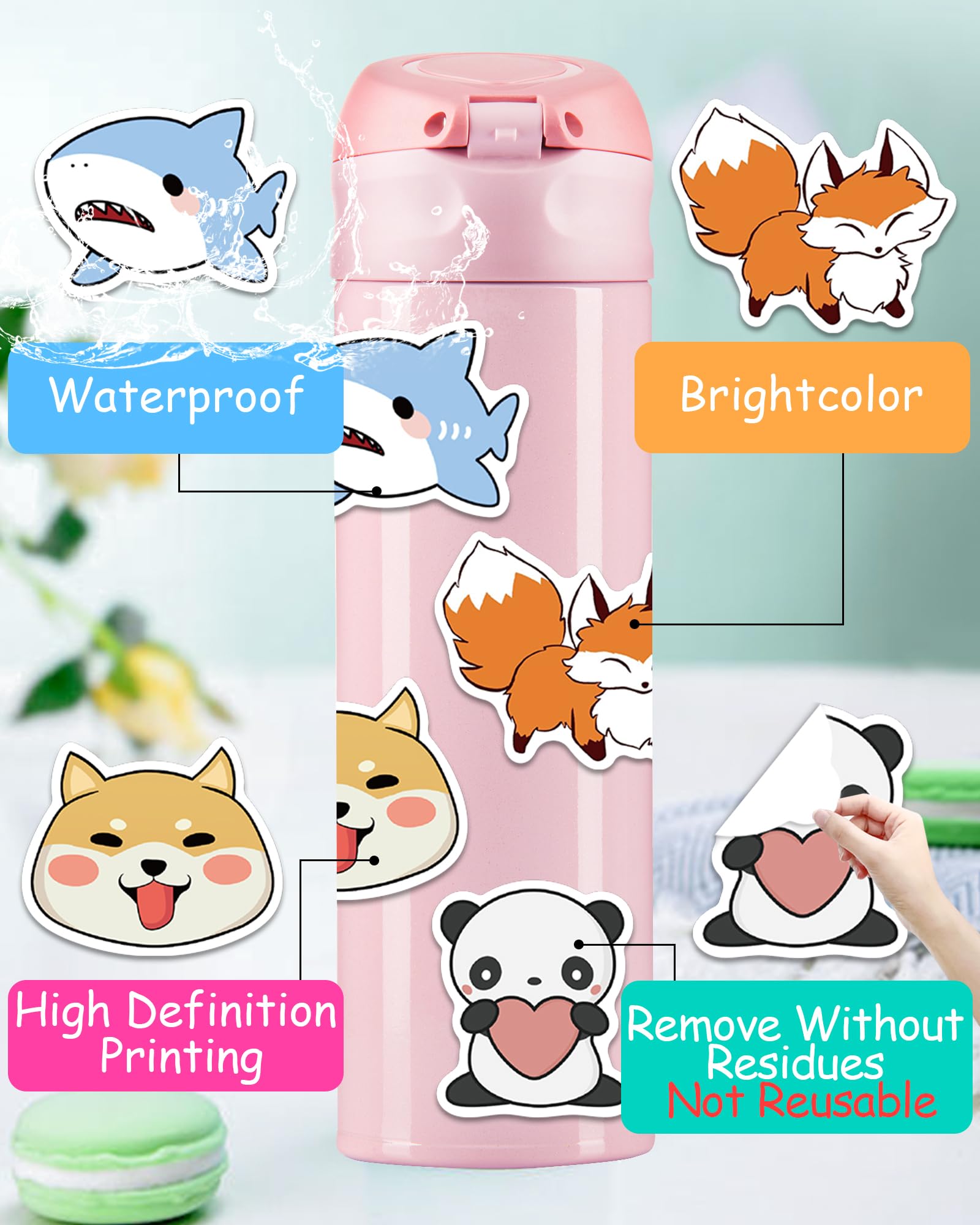 Benresive 100 Pcs Cute Animal Stickers for Kids - Waterproof Vinyl Decals for Water Bottles, Laptops & Notebooks - Fun Classroom Rewards & Elementary School Prizes - Perfect for DIY Crafts, Scrapbooking & Kids' Room Decor