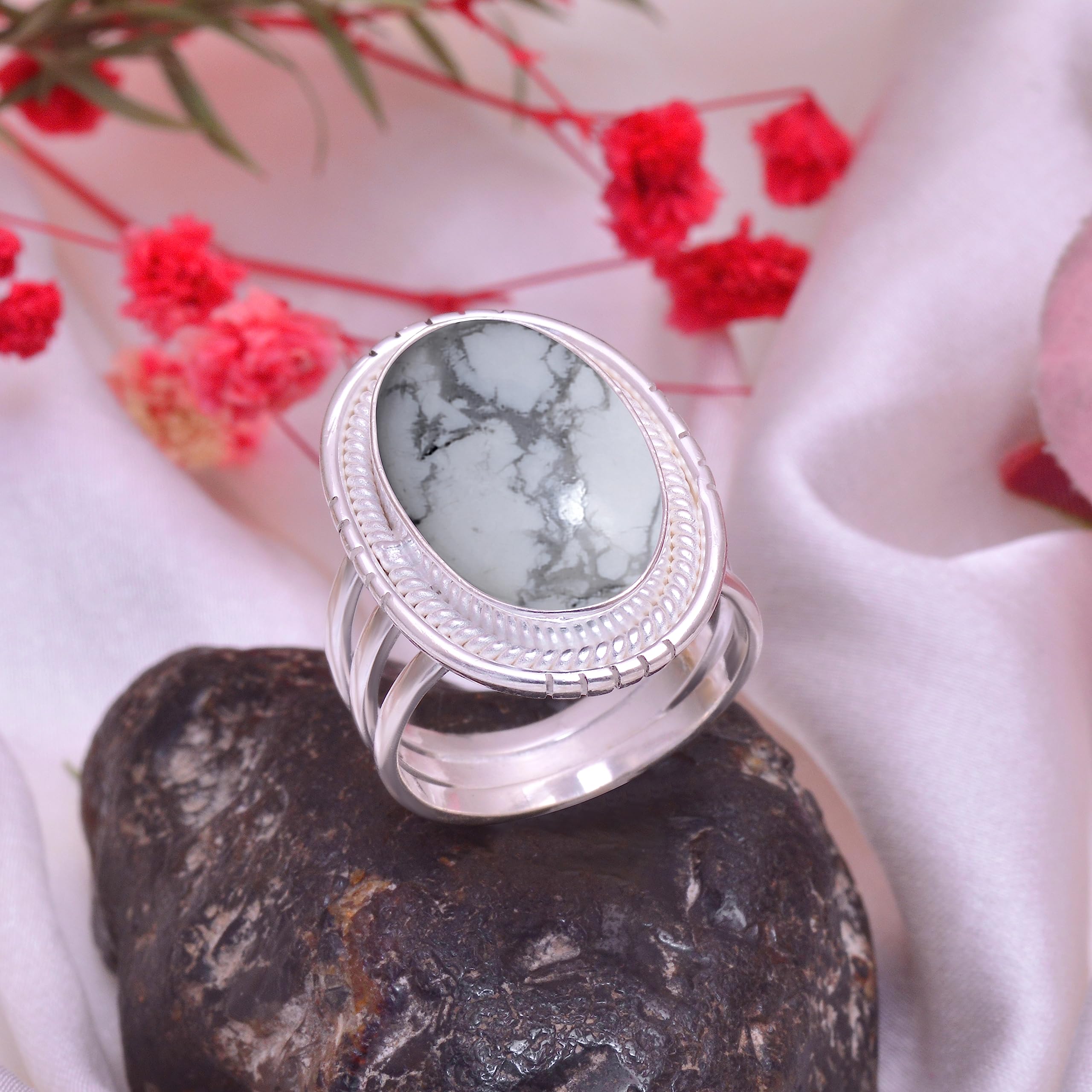 Authentic Howlite White Buffalo Turquoise Ring for Women - 925 Sterling Silver Handmade Jewelry with Natural White & Black Gemstone - Boho Chic Fashion Ring (VSR-919) - Perfect for Weddings, Parties & Everyday Wear