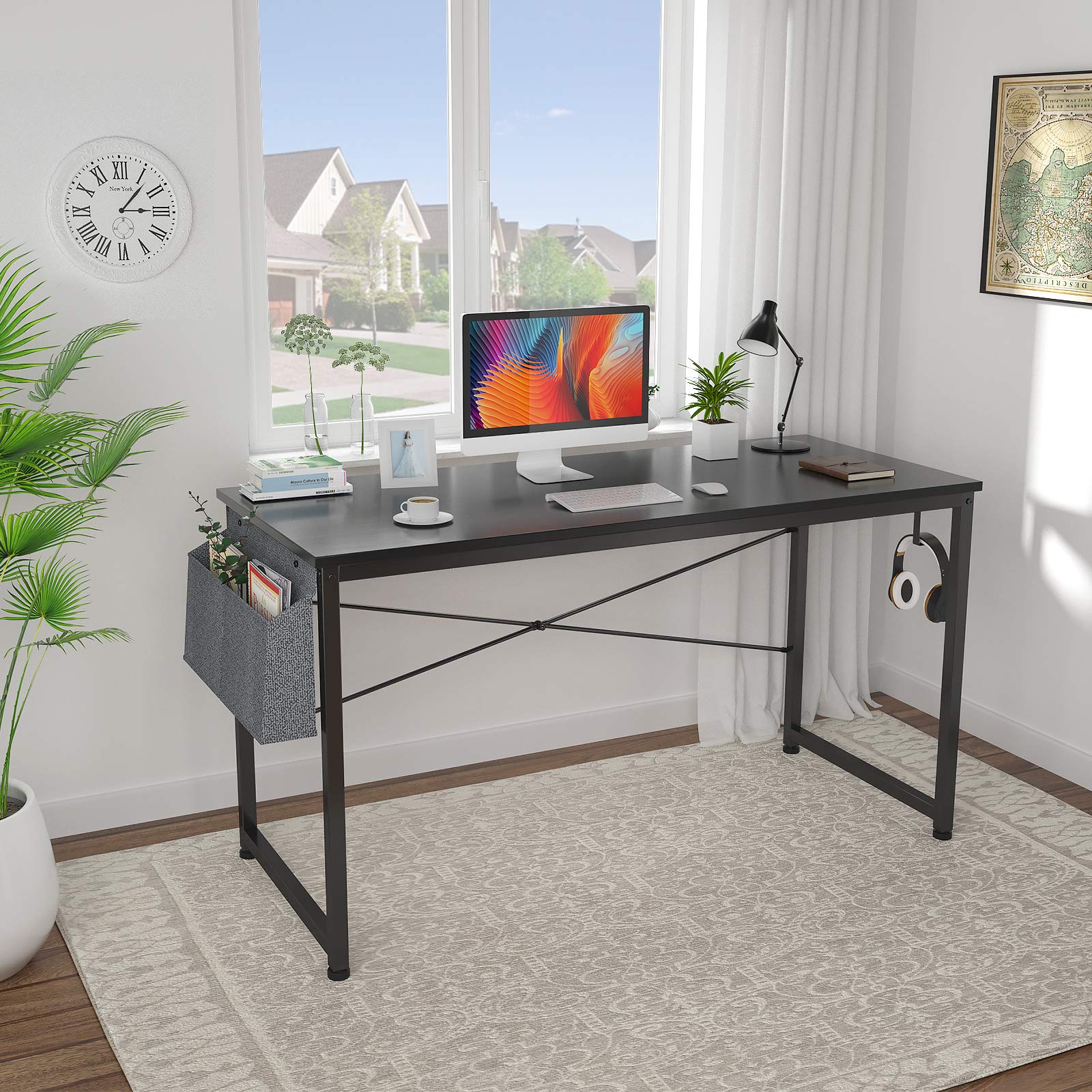 HomVent 47-inch Modern Computer Desk - Home Office Desk, Writing Study Table with Storage Bag, Waterproof & Durable (Black) - Perfect for Small Spaces, Remote Work, and Online Learning