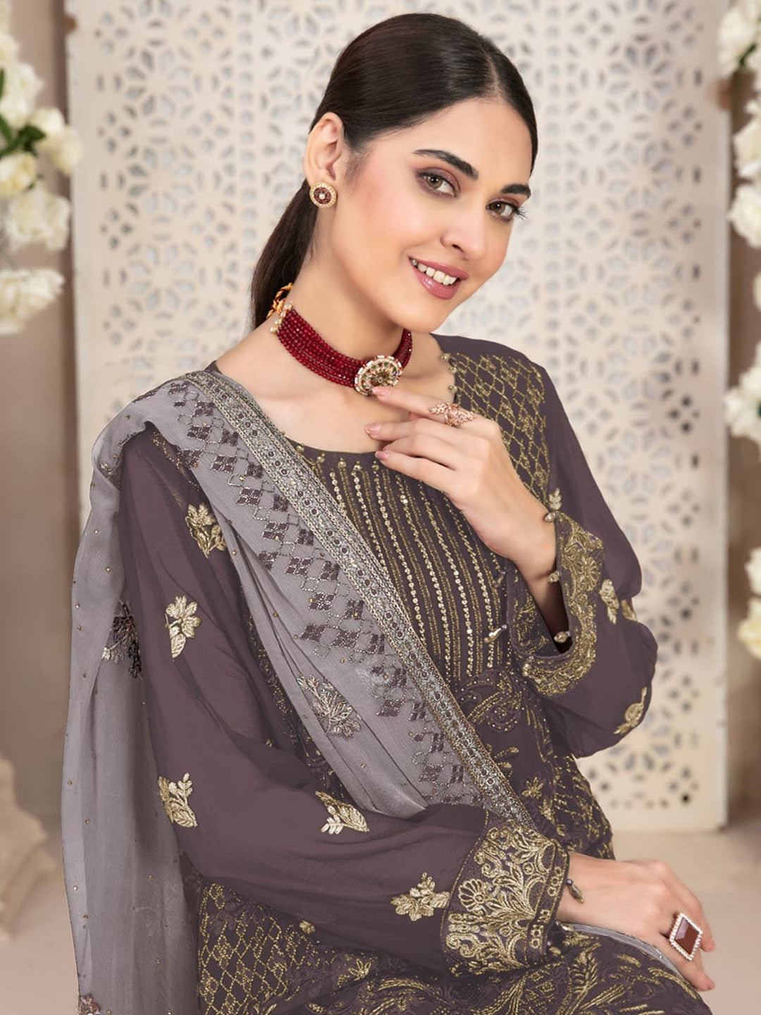 Elegant Beige Traditional Pakistani Semi-Stitched Pant Suit with Hand-Embroidered Thread Work - Perfect for Weddings, Parties & Special Occasions