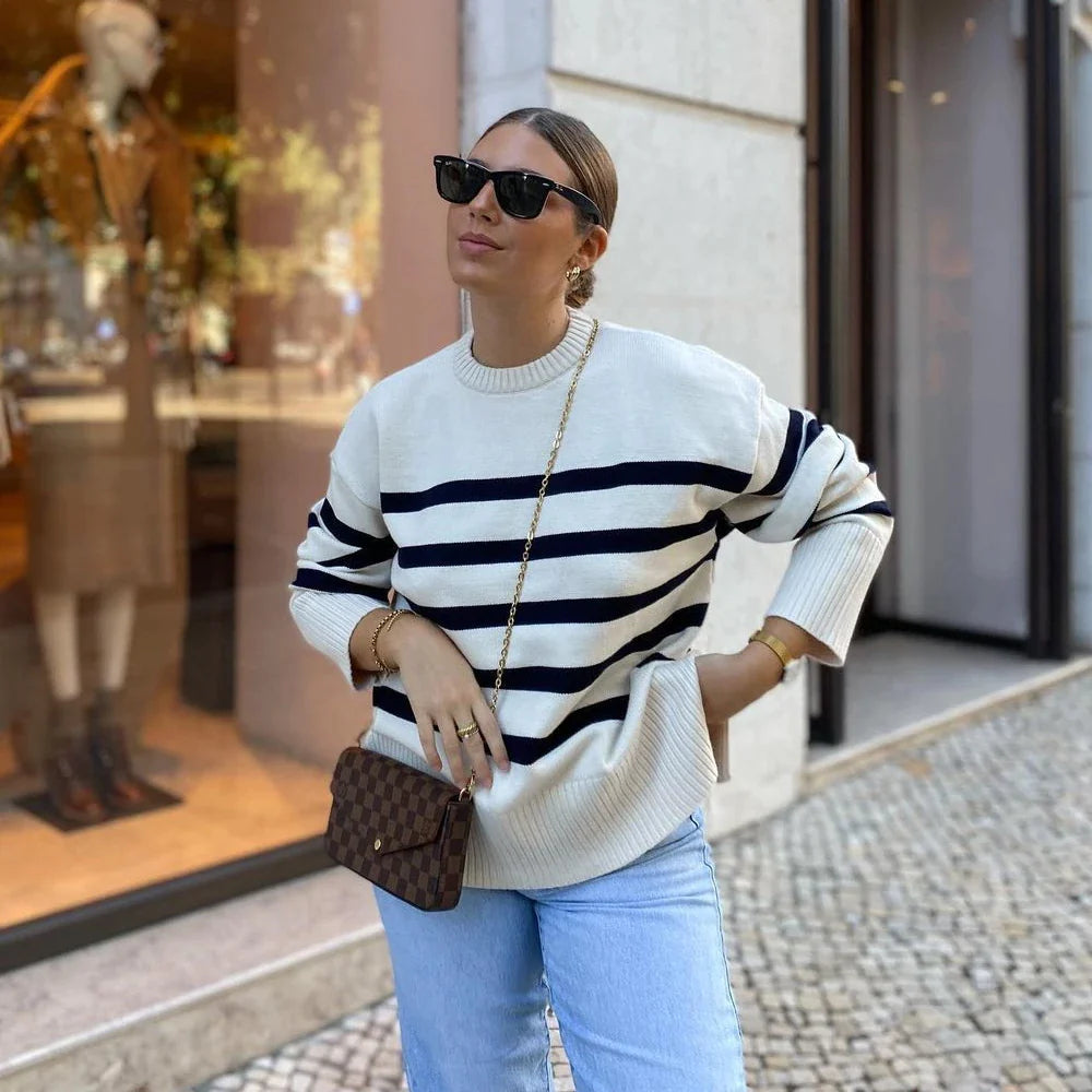 Women's Oversized Striped Knit Pullover Sweater - Casual Loose Fit Thick Winter Jumper for Autumn & Cold Weather - Cozy Layering for Work, Travel & Home