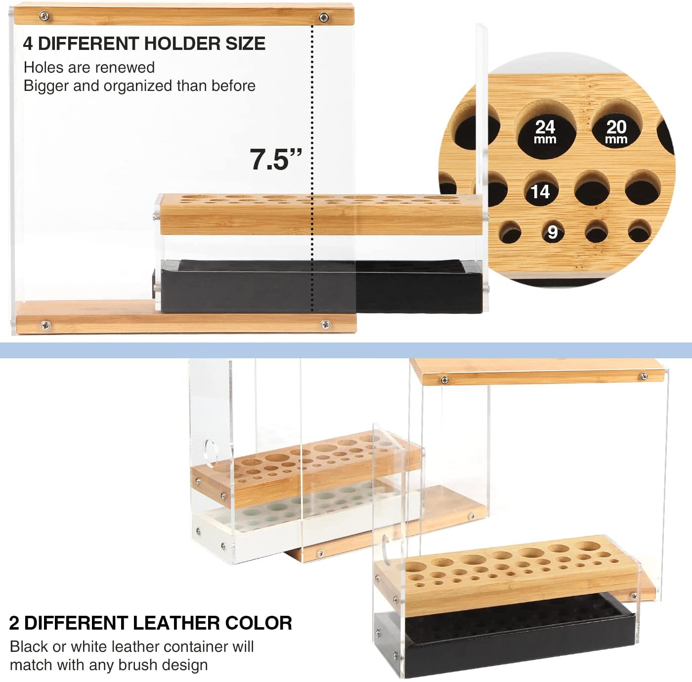 31-Hole Acrylic Bamboo Cosmetic Brush Organizer with Leather Drawer - Black Beauty Display Stand (22.3 x 8.6 x 21.5 cm) - Perfect for Makeup Vanity, Salon & Bathroom Storage