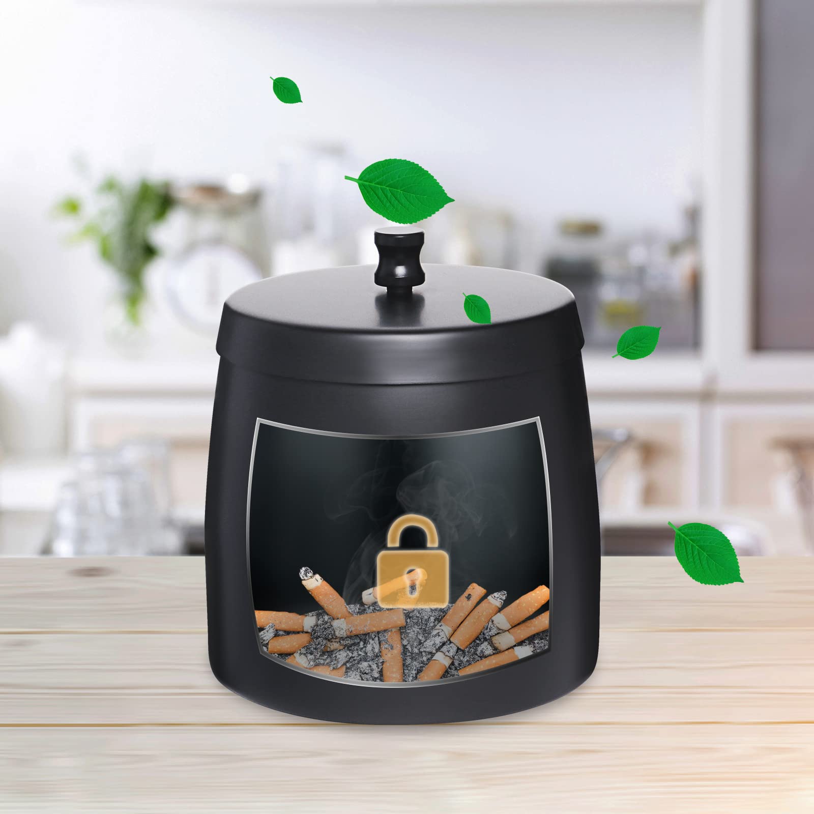 Premium Black Windproof Waterproof Smokeless Ashtray with Lid - Large Outdoor Ashtray for Cigarettes & Cigars - Perfect for Patio, Garden, Poolside, and Home Decor