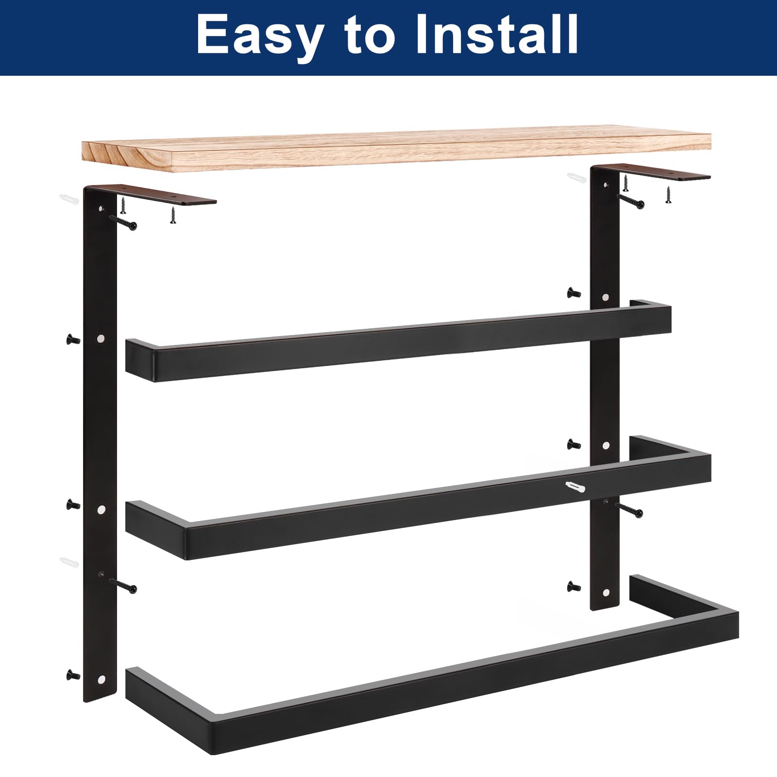 NearMoon 24 Inch Matte Black Hanging Towel Rack - 3-Tier Thick Metal Wall Mounted Towel Holder with Wood Shelf - Bathroom Storage Organizer for Towels, Robes & Bath Accessories - Perfect for Small Spaces & Spa-Style Decor