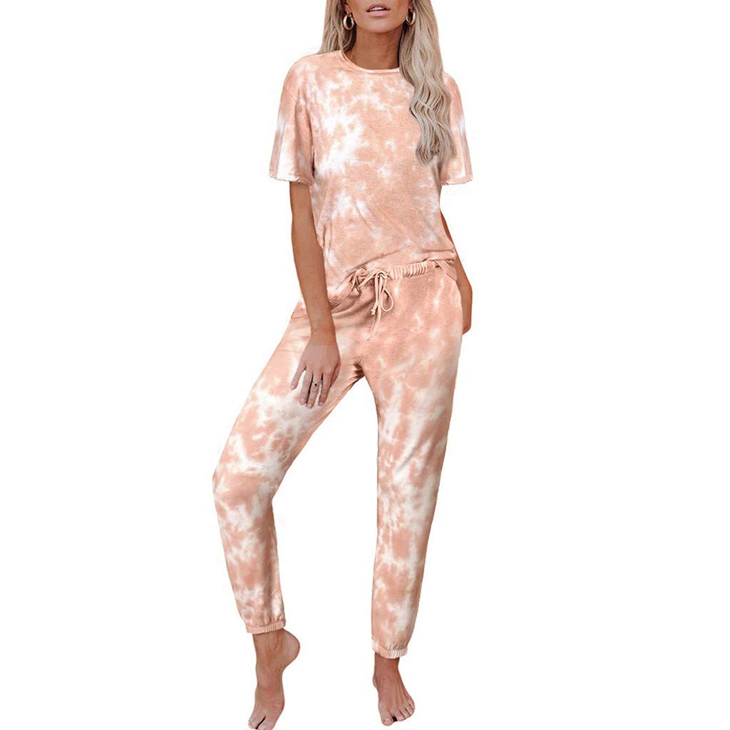 iQKA Women's Tie Dye Loungewear Set - Short Sleeve Top & Long Pants Pajama Jogger Outfit | 2-Piece Comfortable Lounge Set for Sleepwear, Yoga, and Home Relaxation