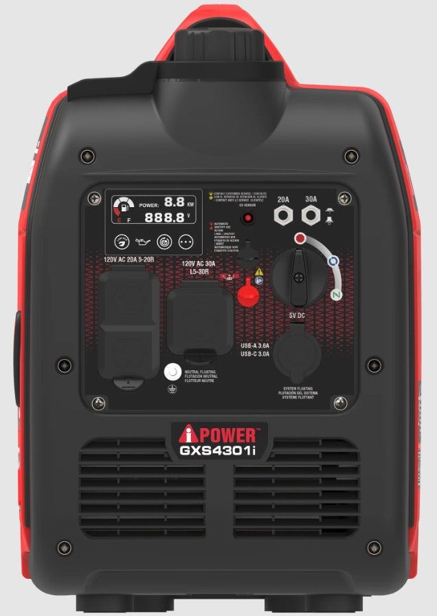 iPower GXS4301i 3450W/4300W Portable Inverter Generator with CO Alert - Quiet Gas Powered Generator for Camping, RV, Emergency Backup & Home Use