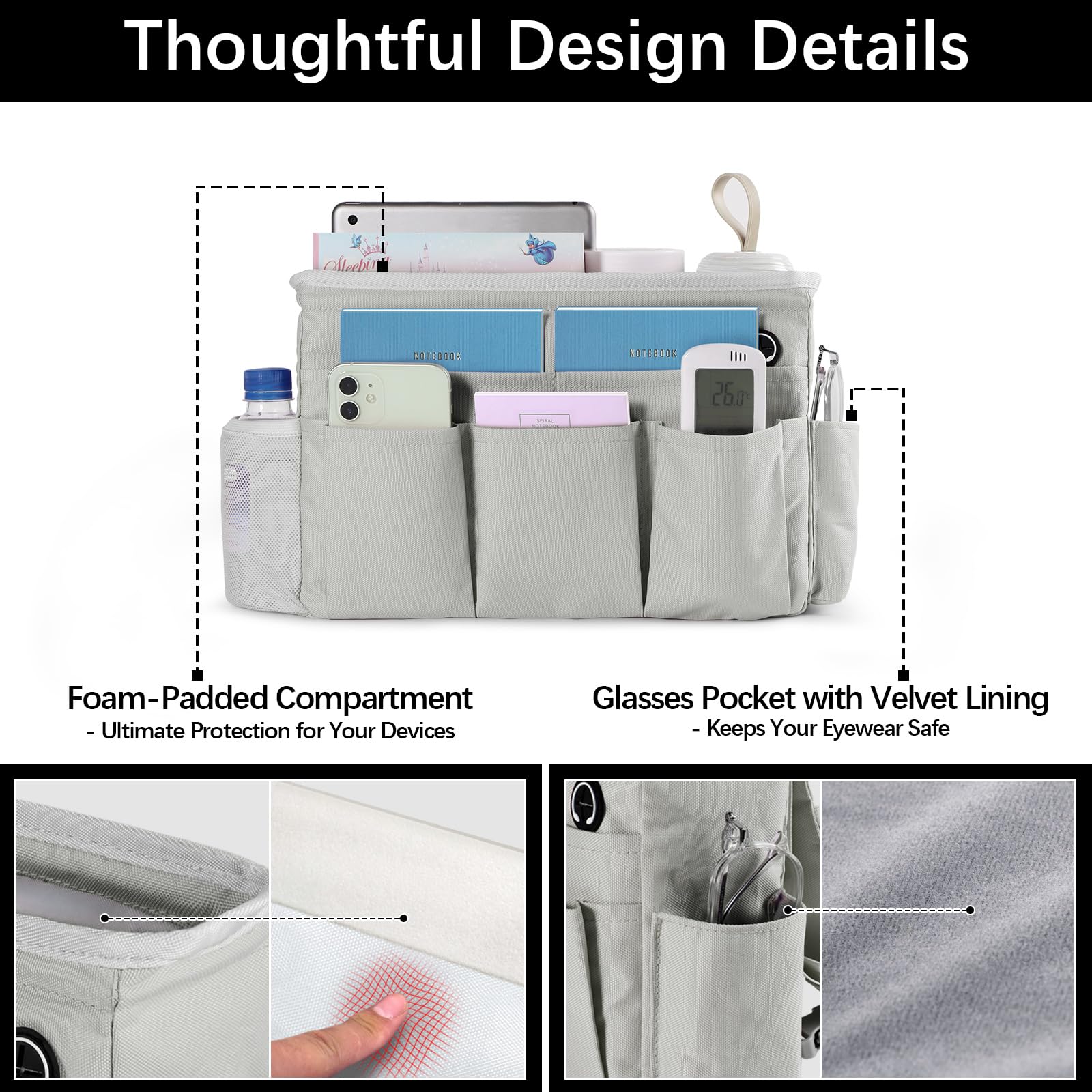 WOMACO Adjustable Bedside Storage Organizer - Light Mica Gray Hanging Basket for Bunk Beds, Loft Beds & College Dorms - Perfect for Books, Phones & Essentials - Medium Size CTB003 - Ideal for Dorm Rooms, Hospitals & Small Spaces