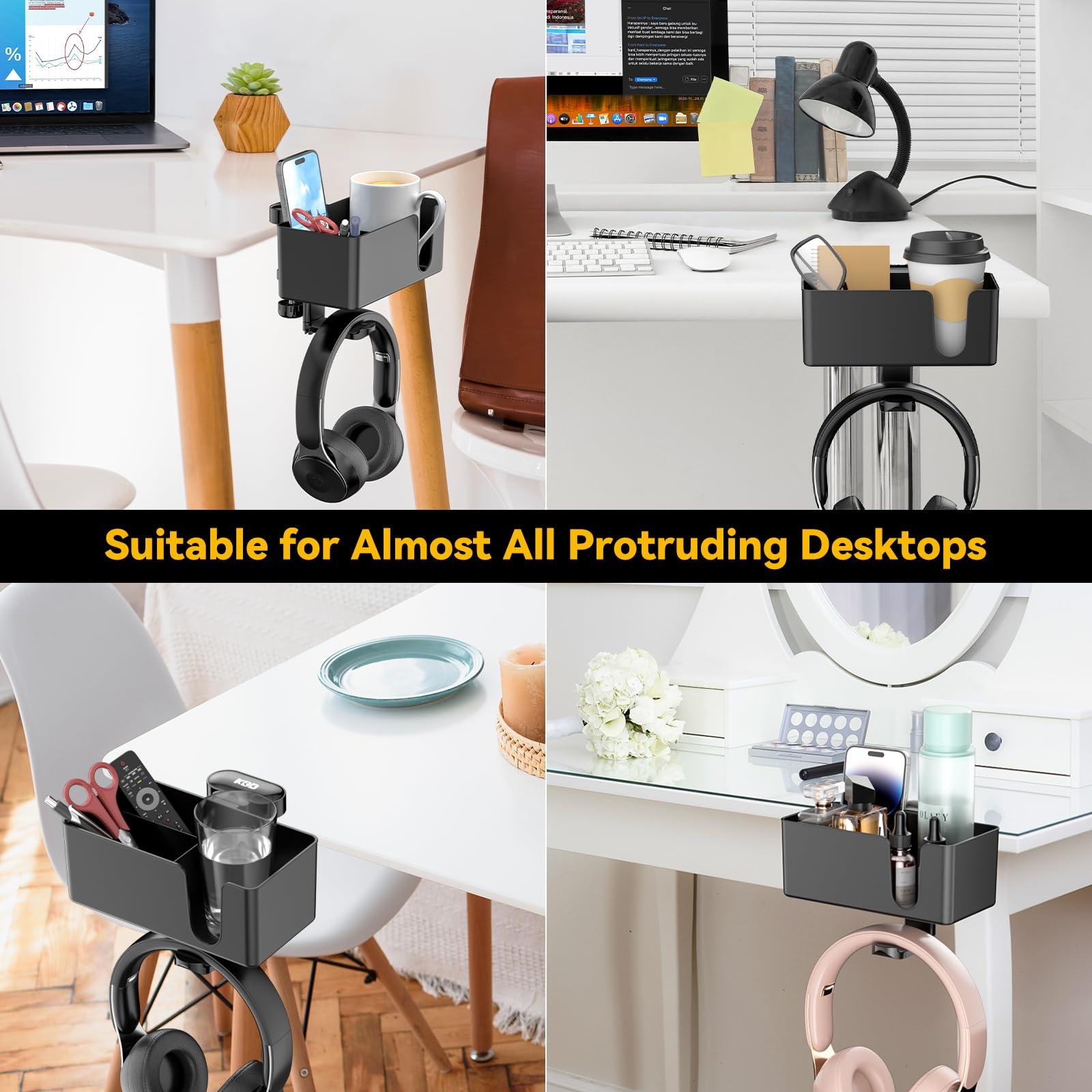 KDD 4-in-1 Under Desk Organizer - Rotating Headphone Holder with Detachable Cup & Pen Storage - Space Saving Desk Accessory for Office, Gaming & Home Use (Black)