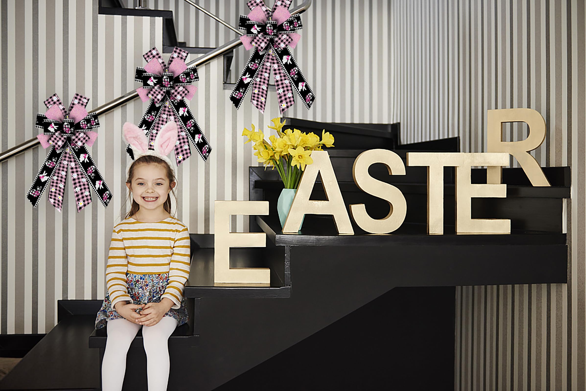 Large Easter Bunny Bows for Wreaths - Pink & Black Buffalo Plaid Bows with Spring Flowers & Burlap - Holiday Tree Topper & Front Door Decorations - Perfect for Easter Party Supplies & Home Decor