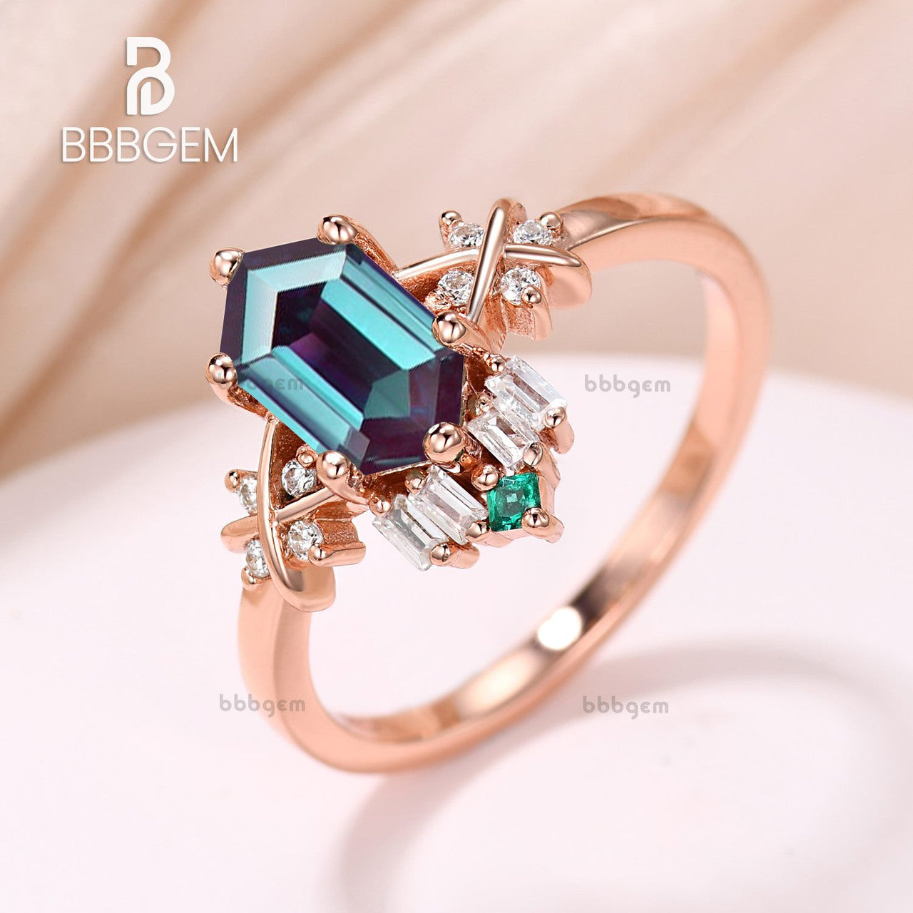14K Rose Gold Long Hexagon Cut Lab Created Alexandrite Wedding Band Set with Elongated Alexandrite & Diamond Accents - Perfect for Engagement Rings, Anniversary Gifts & Bridal Jewelry