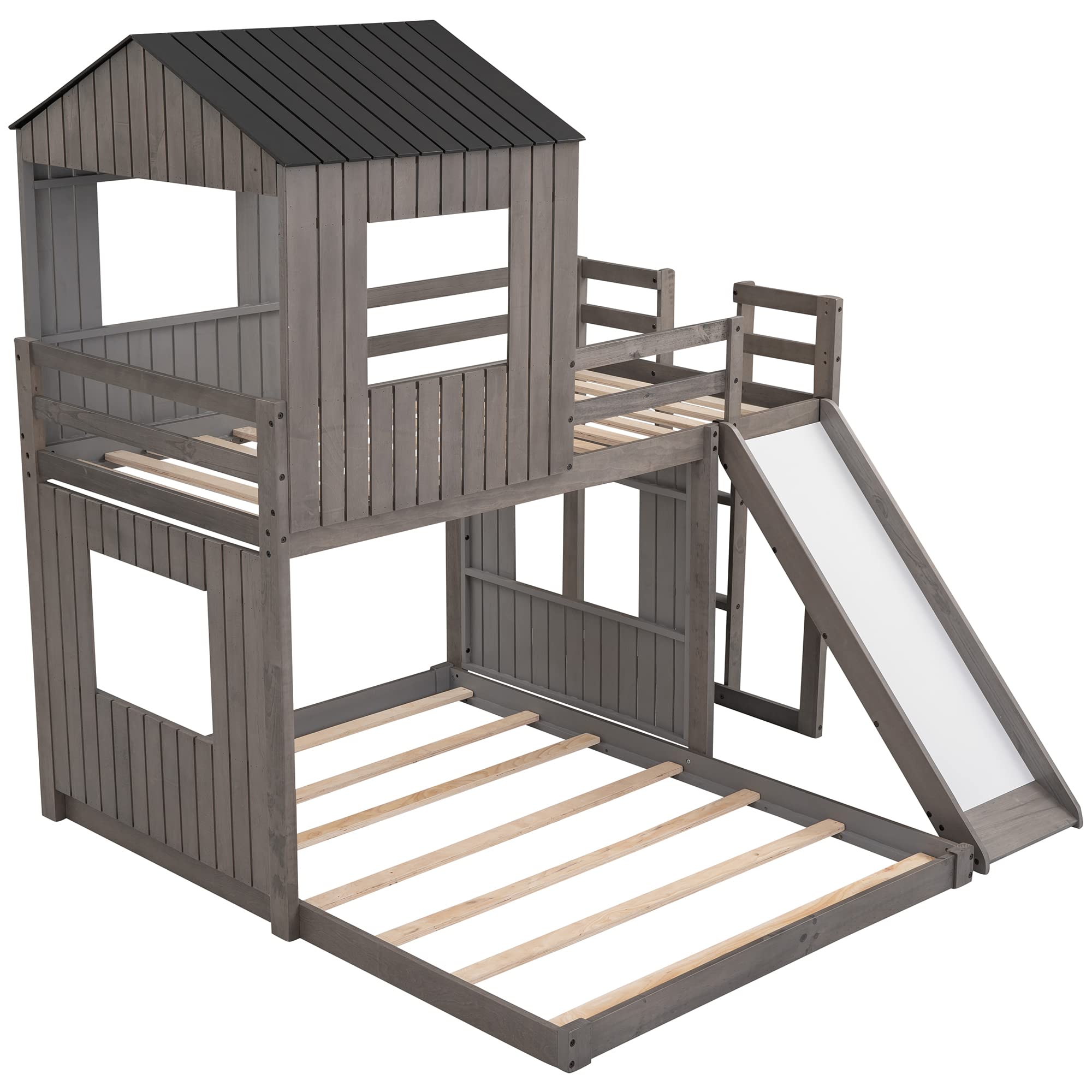 Twin Over Full Bunk Bed with Slide - Sturdy Full Size Bottom Platform Bed Frame in Antique Gray - Perfect for Kids' Bedrooms, Guest Rooms & Small Spaces