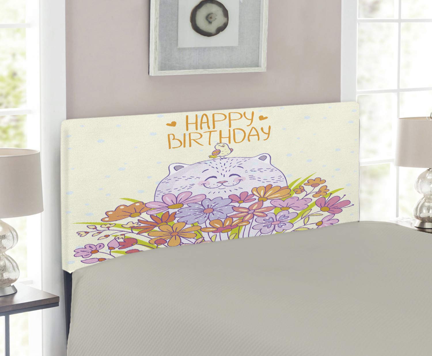 Ambesonne Twin Size Upholstered Metal Headboard with Memory Foam - Happy Cat & Bird Meadow Floral Design in Pale Yellow Lilac Orange | Perfect for Birthday Gifts, Bedroom Decor & Kids Room Makeover