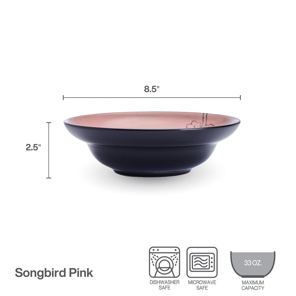 Song Bird Pink Set of 4 Soup and Cereal Bowls - Perfect for Breakfast, Lunch & Dinner - Microwave & Dishwasher Safe - Elegant Tableware for Home, Restaurant or Gift